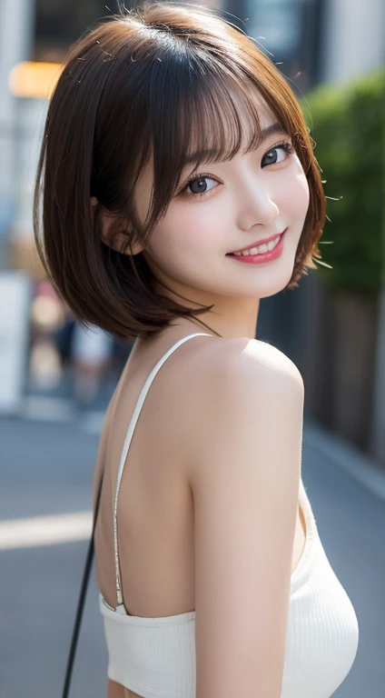 masutepiece, Best Quality, Illustration, Ultra-detailed, finely detail, hight resolution, 8K Wallpaper, Perfect dynamic composition, Beautiful detailed eyes,Short bob hair,Small breasts natural color lip, Bold sexy poses,Smile,Shibuya、20 years girl、Cute、Subject looking at sexy pose on camera,Gravure Model Pose、2scene