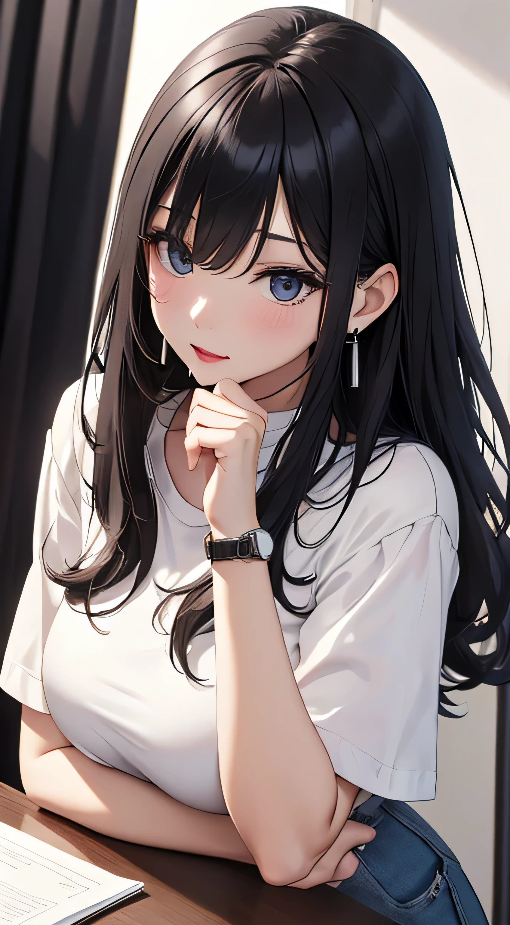 top-quality、Top image quality、​masterpiece、Teenage girl((White shirt、Long black trousers、18year old、 Ager、Best Bust、big bast,Black eyes, blue hairs、A slender,Large valleys、red lipstick makeup、Cute earrings、silver watch、all-fours、Sit up、A seductive pose eyeshadow for the eyes)),hiquality、Beautiful Art、Background with((white walls、Photography Studio))​masterpiece、depth of fields,Camera Film Style