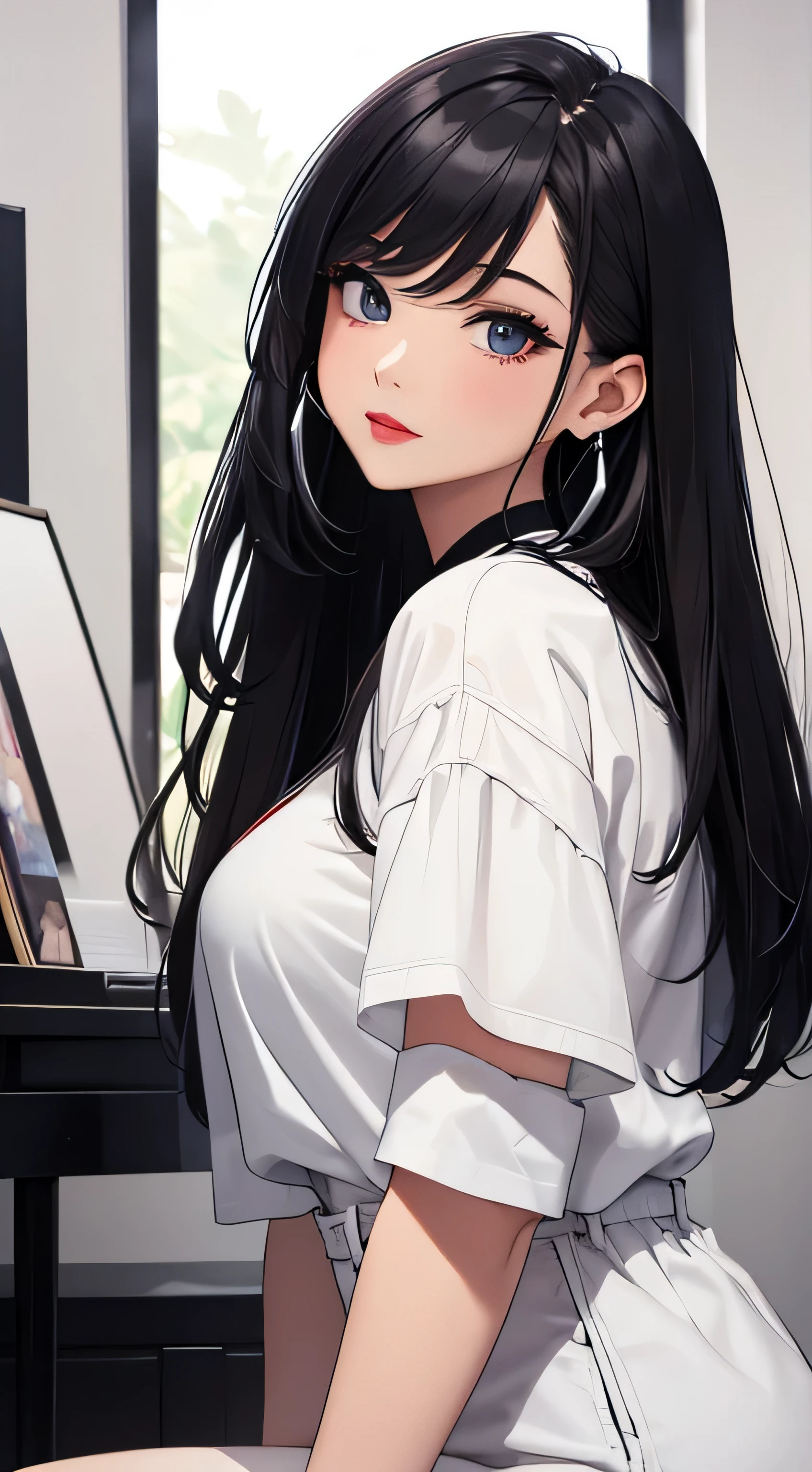 top-quality、Top image quality、masterpiece、Teenage girl((White shirt、Long black trousers、18year old、 Ager、Best Bust、big bast,Black eyes, blue hairs、A slender,Large valleys、red lipstick makeup、Cute earrings、silver watch、all-fours、Sit up、A seductive pose eyeshadow for the eyes)),hiquality、Beautiful Art、Background with((white walls、Photography Studio))masterpiece、depth of fields,Camera Film Style