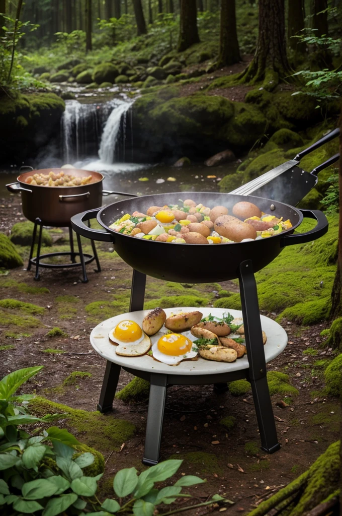 outdoor cooking meats and eggs look like delicious make sure that this picture look like real in the forest next to the waterfall