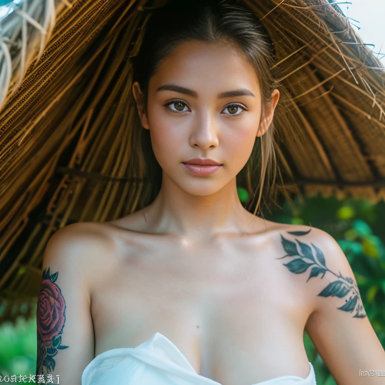 ((best quality, 8k,, Clear face focus :,White tattoo 25 years.perfect body beauty:1.4. In front of the camera. More intimate.  There is an old, thatched hut.,) There are red, yellow, pink flowers.,around,) The sunlight shines in the evening.,) Full Body°, Highly detailed faces and textures, Detailed eyes,  alone, Realistic photos:1.37 .. The fine texture of the tattooed skin.. hand tattoo. breasts tattoo , Shot with a high quality Fuji camera., Color light 45.,000,000 pixels ,)) Too realistic,) 