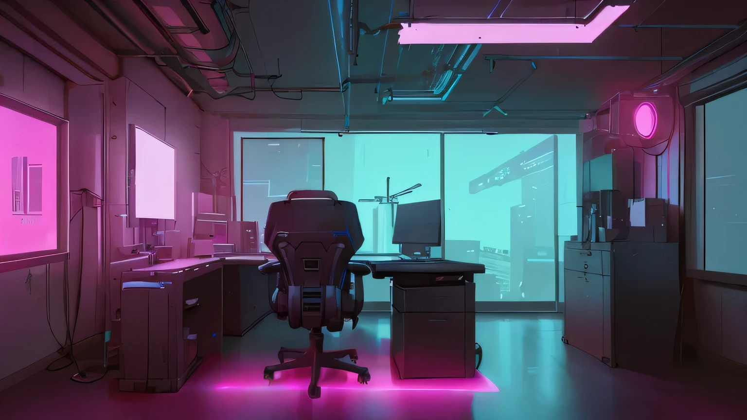 Realistic neon studio setup in the room,Cyberpunk background with window,Front view,There is also a desk.