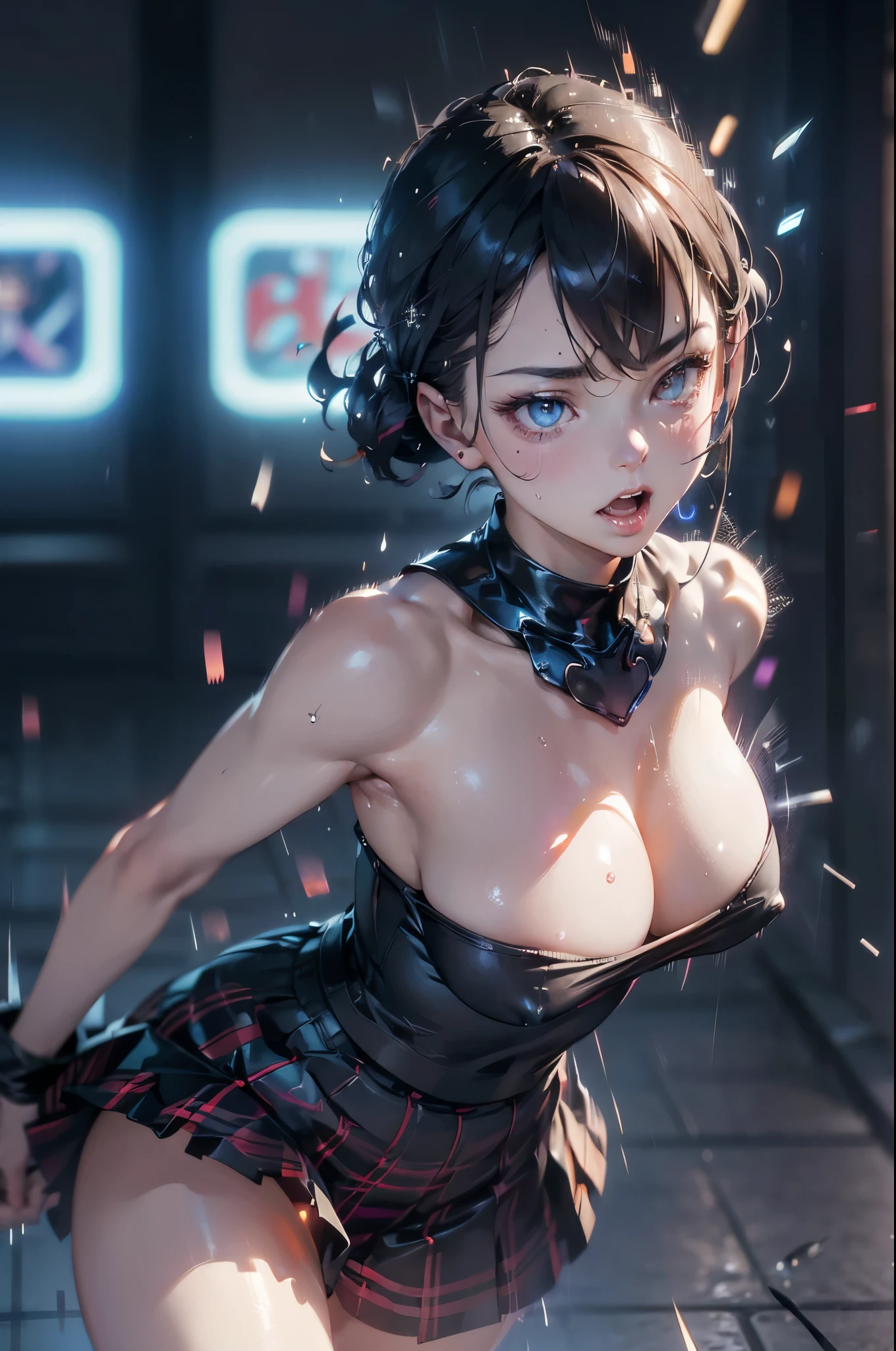 Movie Lighting、(Key Light:Front tilt 45 degrees, fill light、Backlight、shadow、Blue and orange color palette), Precision human body、detailed person、Correct five fingers、original photo、 4K – ultra-vivid、best quality, masterpiece, Ultra-high resolution, (Reality: 1.4),
(((Oily skin,sparkling skin、Realistic skin texture、Delicate and beautiful skin、Glowing skin、Glowing skin)))、
Upper body shot, camera angle low, Depth of writing boundaries, focus on center, Beautiful eyes, Perfect face and eyes、
In the playground, Game consoles, game console,
girl, black bob short hair, Early adolescence, Black Oversized Off Shoulder Shirt、Plaid Mini Skirt, Purple collar, Black mask, punching,
slim, permanent , naughty,
Absolutely great opportunity, Ridiculous resolution, Ridiculously detailed, best quality, (((Large Breasts)))、Put your hands on your face、(exclamation mark, moan, Many hearts,Speak your mind, comics,
(Moving line, Motion Blur, Violent shaking:1.7)Big love speech bubble,