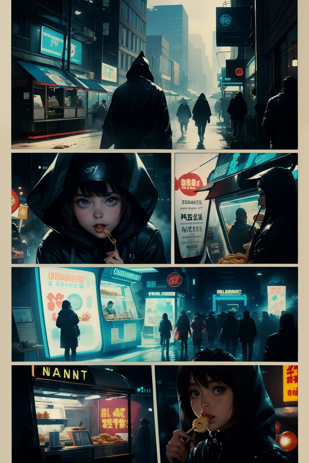 ((highest quality)), ((masterpiece)), (be familiar with), (High definition), (Accurate), (Realistic), (Cinematic), (Best Shadow), (Low contrast), (8K), Perfect Face, ((SYD MEAD style)), manga、mangaデザイン、Storyboard、Frame division、((A female Replicant eating a udon))、((Replicant, Black Hair, very short hair, Blue Eyes)), (Black hooded raincoat)、((Udonya food stall))、Glittering neon signs、congestion, congestion, Decadent Future City, NEO TOKYO, A.D.2051, (steam:1.2), It's raining white, evening, (Close-up of face)