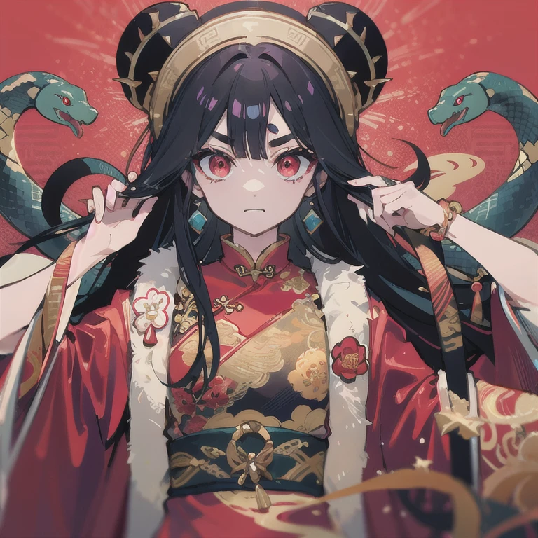 Ziyun Mountain,snake妖,snake,Oval face,Straight eyebrows,Phoenix eye,China costume,red robe,Wearing hair,Black long hair,avatar