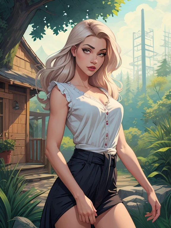 (masterpiece, highest quality, illustration), solo, woman, upper body, medium shot, smile, short blonde hair, brown eyes, hair updo, french braid, (cleavage:1.2), ruffled white crop top, off shoulder, grey pants, outdoors, park, bush, trees, sunset, sky, clouds, sitting