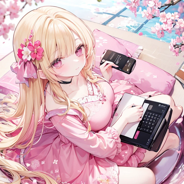 a woman sitting in a cup of tea with a book and cherry blossom, blonde-haired deity, pink theme, pink dress, (Camera from above shines down),