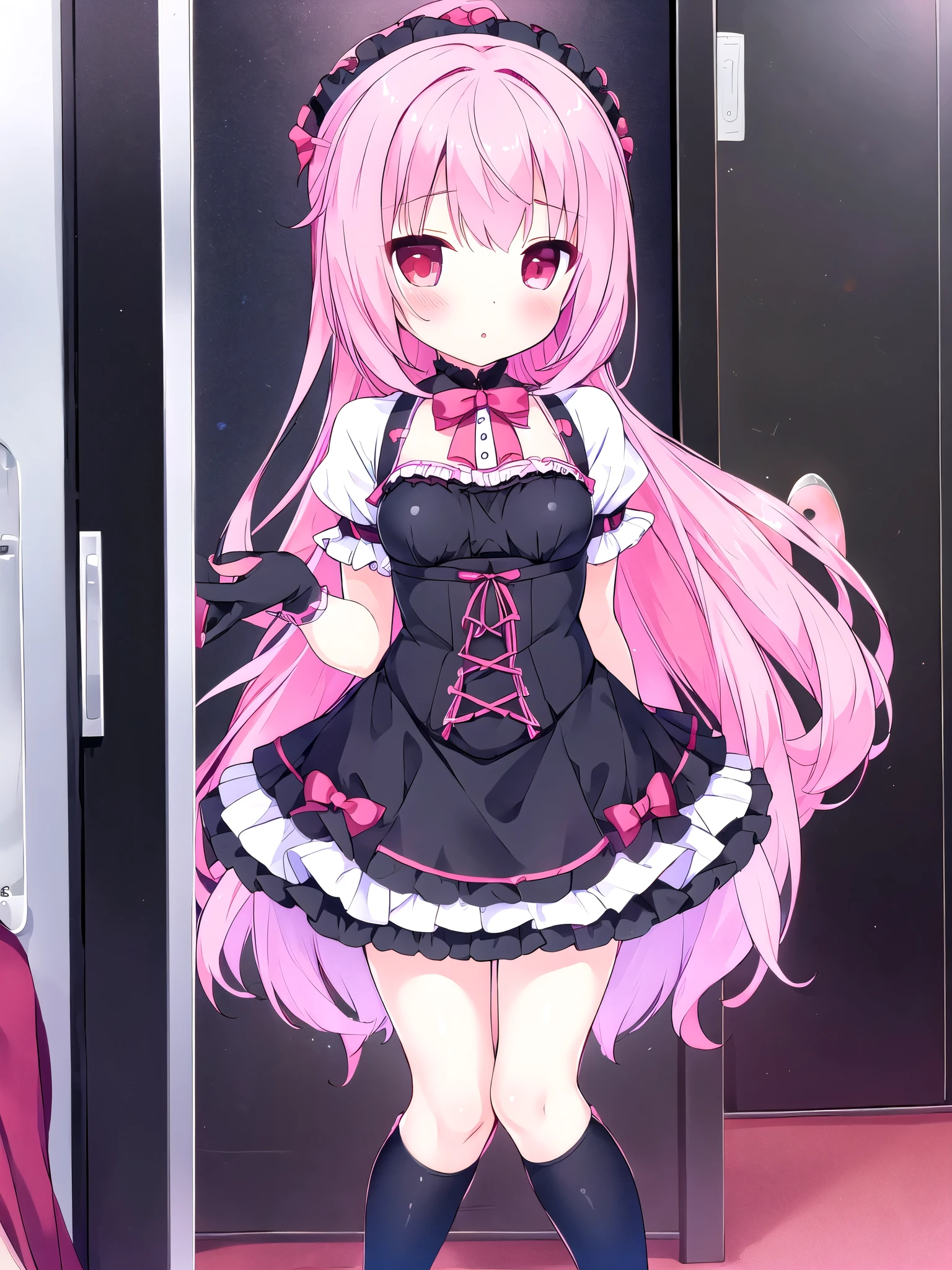 Girl in black white gothic lolita  with stockings pink hair red eyes Short skirt with small breasts show  pink In room Great quality 2k masterpiece 