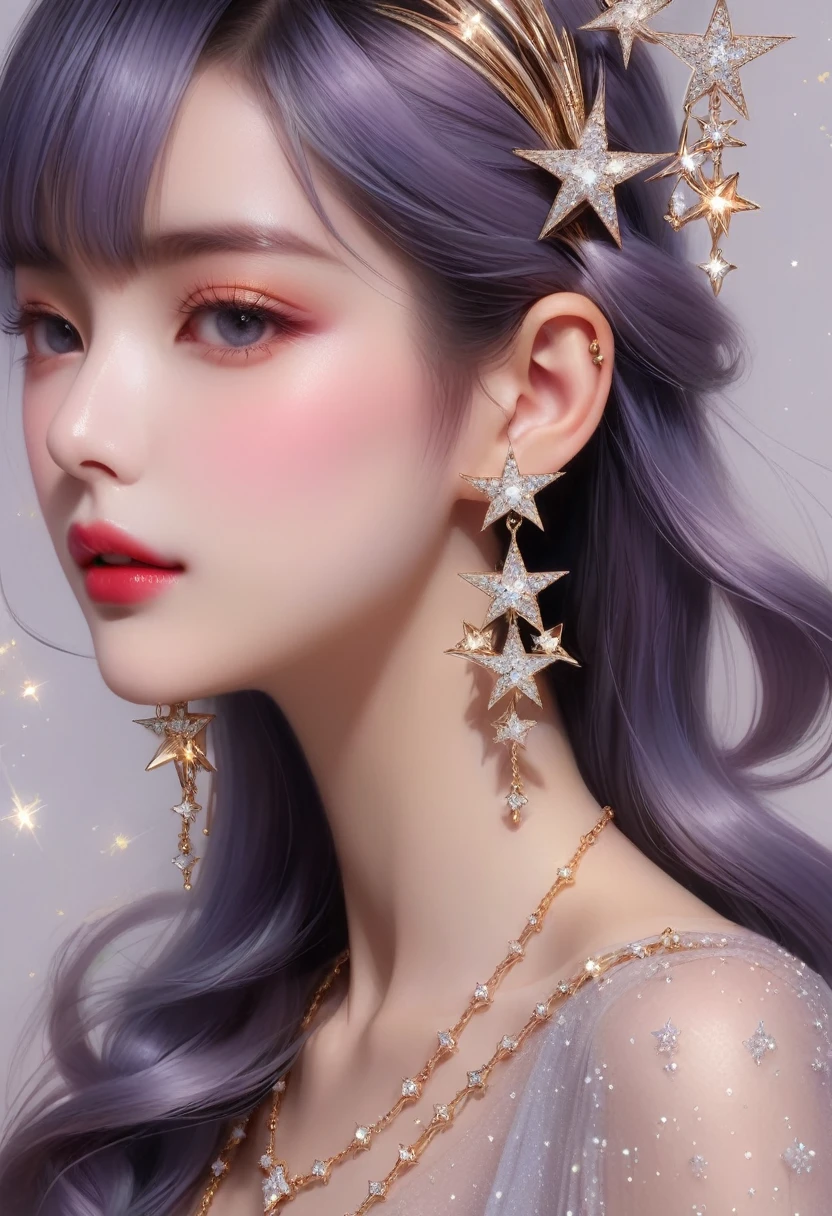 elaborate long earrings, dimond, stars