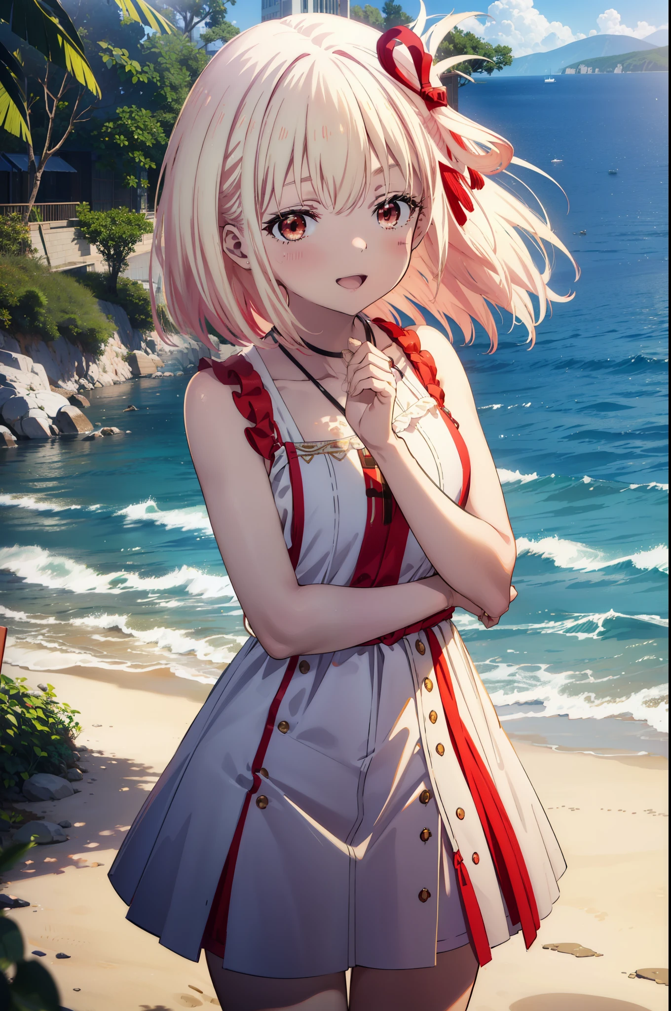 chisatonishikigi, Chisato Nishikigi, Long Hair, bangs, blonde, (Red eyes:1.5), Hair Ribbon, One side up,happy smile, smile, Open your mouth,smile,blush,Red sleeveless dress,White long skirt,Bare arms,Rocket Pendant,Cute Sandals,White Hat,real summer,sunny,It&#39;s as if your whole body is in the illustration., break outdoors, Coastal Road, break looking at viewer, (Cowboy Shot:1.5), break (masterpiece:1.2), highest quality, High resolution, unity 8k wallpaper, (shape:0.8), (Beautiful details:1.6), Highly detailed face, Perfect lighting, Highly detailed CG, (Perfect hands, Perfect Anatomy),