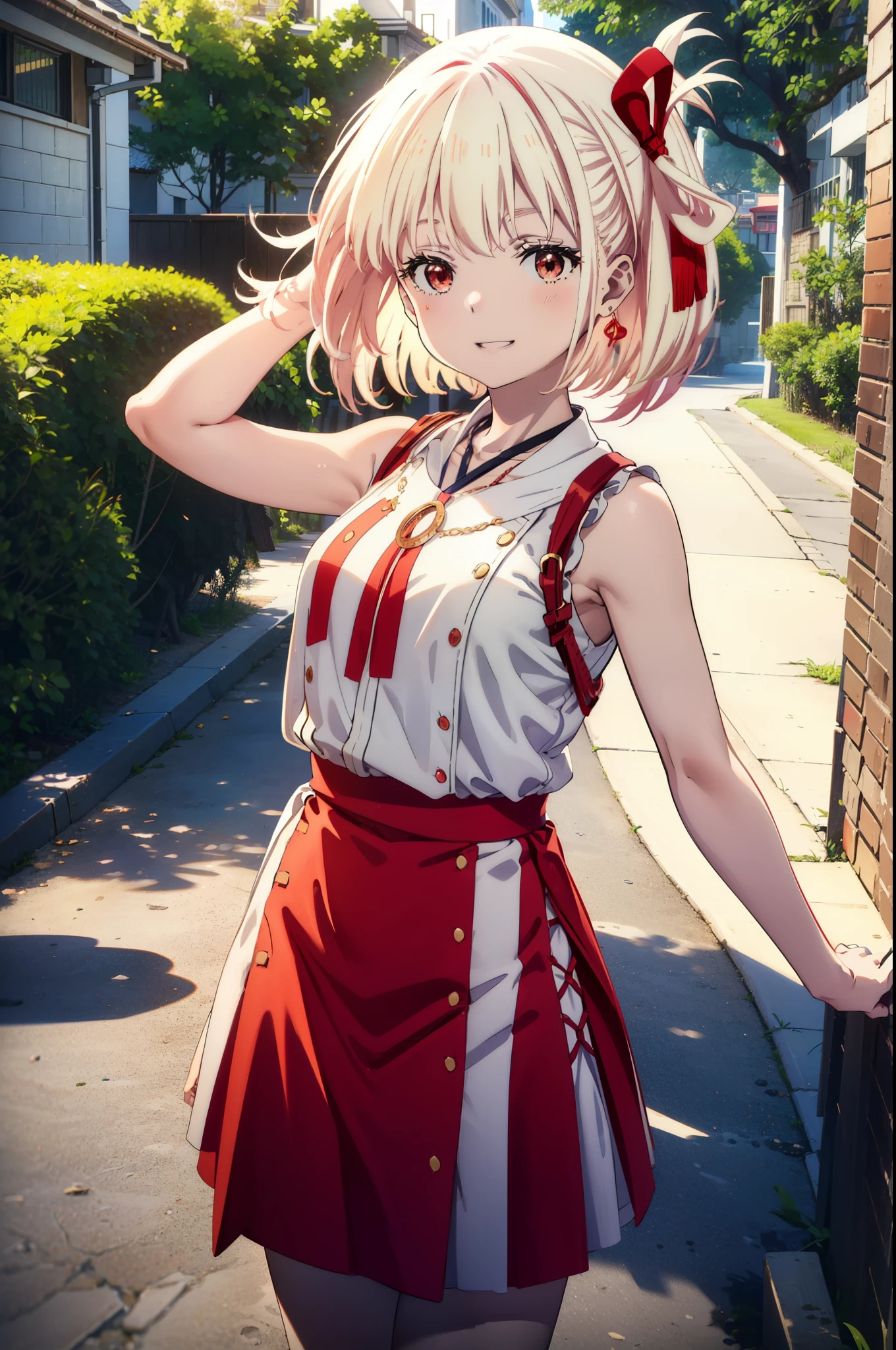 chisatonishikigi, Chisato Nishikigi, Long Hair, bangs, blonde, (Red eyes:1.5), Hair Ribbon, One side up,happy smile, smile, Open your mouth,smile,blush,Red sleeveless dress,White long skirt, arms,Rocket Pendant,Cute Sandals,White Hat,real summer,sunny,It's as if your whole body is in the illustration., break outdoors, Coastal Road, break looking at viewer, (Cowboy Shot:1.5), break (masterpiece:1.2), highest quality, High resolution, unity 8k wallpaper, (shape:0.8), (Beautiful details:1.6), Highly detailed face, Perfect lighting, Highly detailed CG, (Perfect hands, Perfect ),