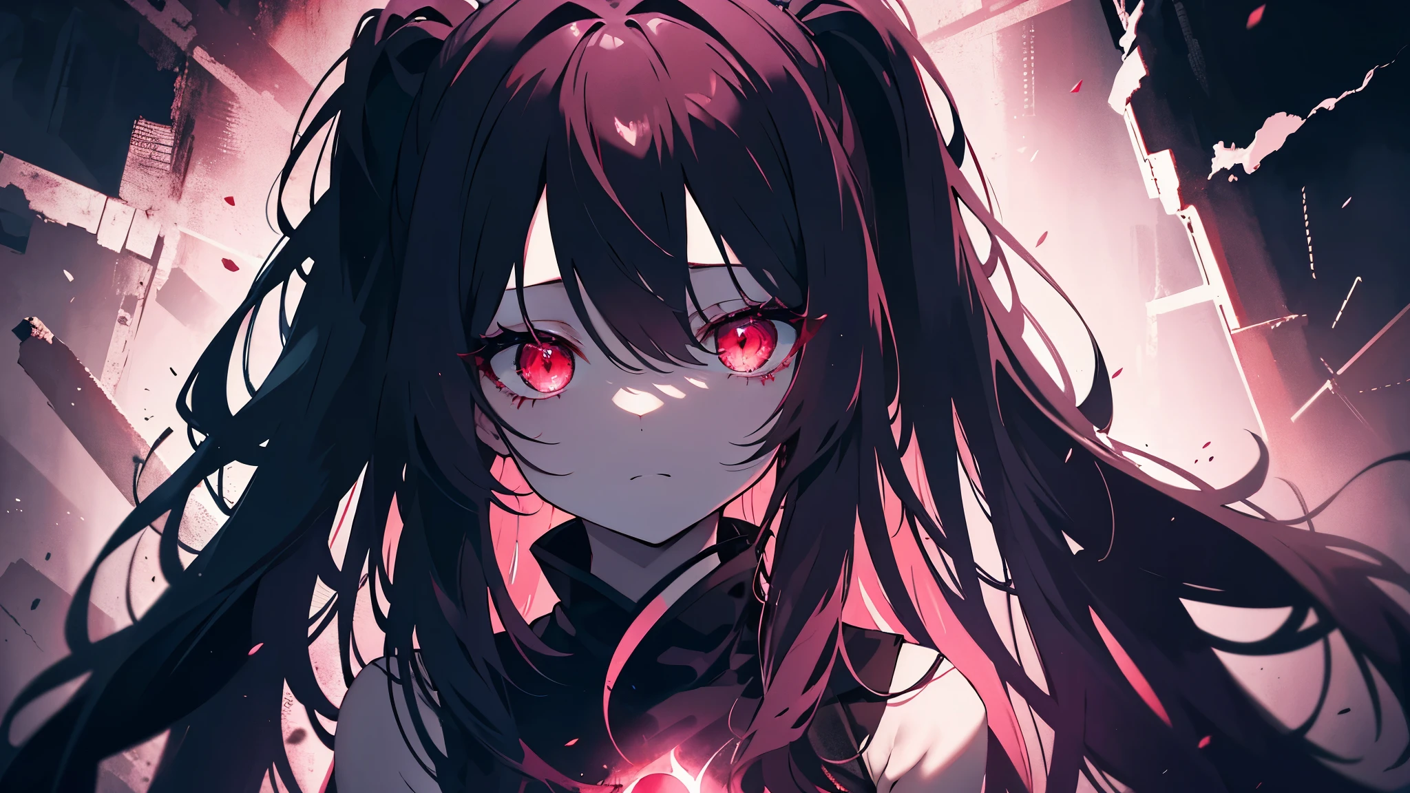 Her hair is long and pink、Glowing suspicious eyes、ruin、Whole body in、monochrome、In the dark、whole body、With a dark red glow and red eyes