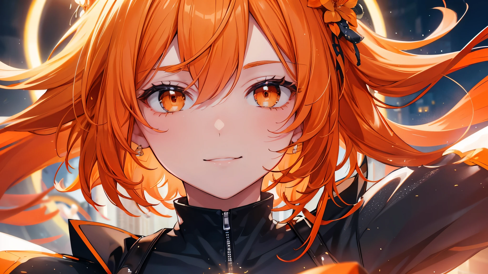 best quality, high resolution, ultra-detailed, accurately portrayed light reflection, detailed beautiful face, detailed smiling face, detailed orange hair, solo, dynamic pose, orange effect, portraits