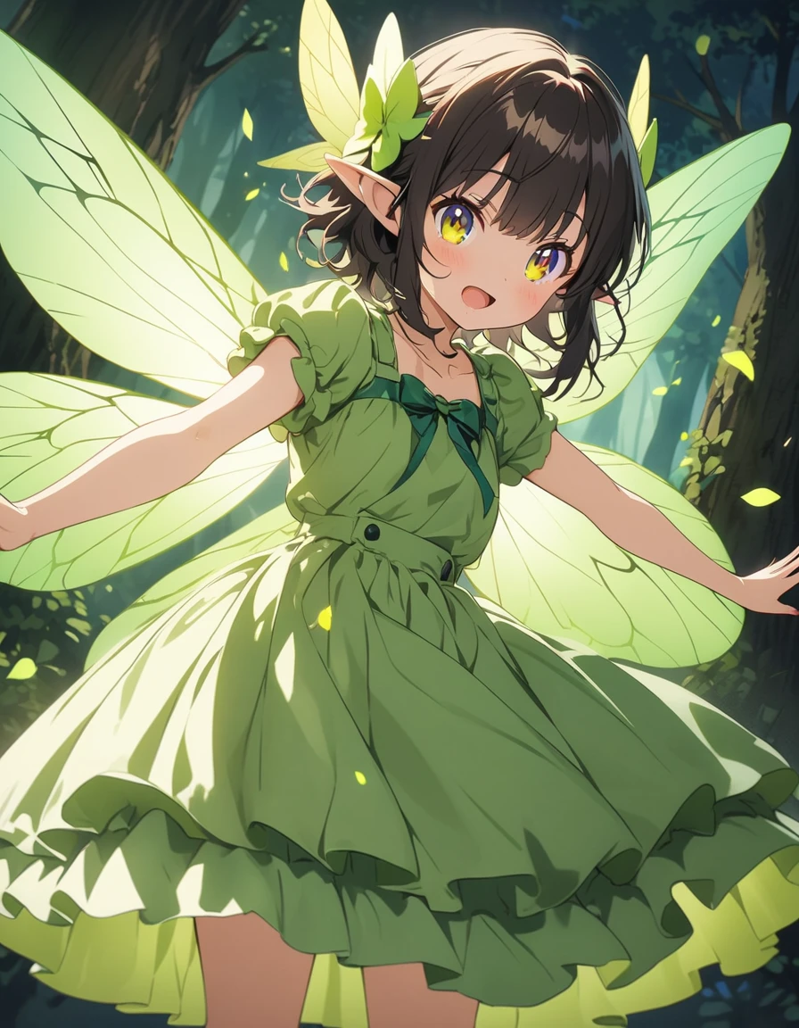 Anime girl in green and black costume on wings and green background, pixie character, fairy, forest fairy, insect trainer girl, brunette elf with fairy wings, pixie, cute 3d anime girl rendering, April rendering, fairy dance, open legs 、(highest quality、masterpiece、High resolution、detailed)、animeスタイル、Flat Style、(Shining Eyes、detailed美しい顔), BREAK,extremely detailed(The Shining), Best lighting, Best Shadow、High saturation、Dynamic Angle、anime