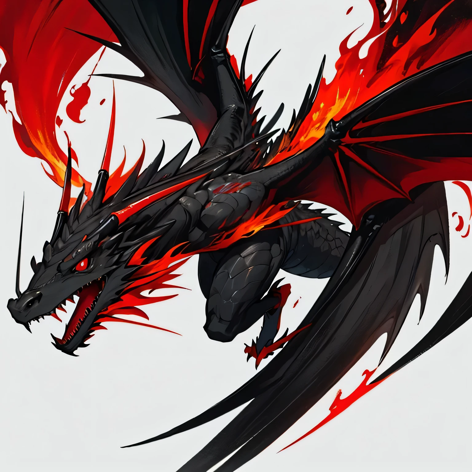 Black-colored dragon、Spreading wings、One、Painting、Red eyes、spits red flames、Flying in the sky、
