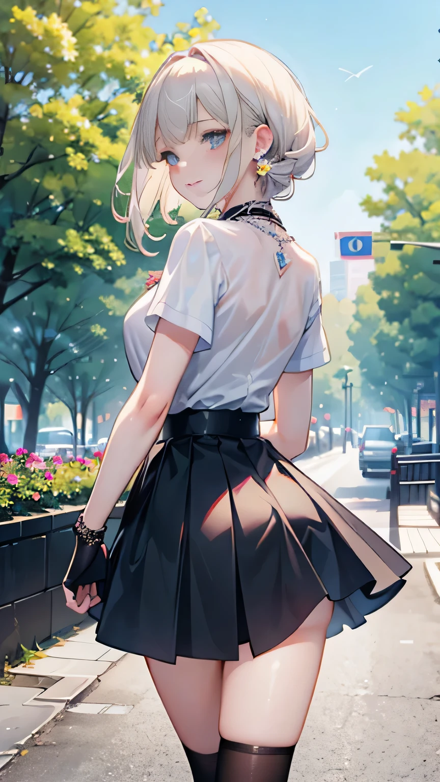 ((butts and back focus)),looking back,low angle,from below,((masterpiece, highest resolution,best quality)), (beautiful illustration), ((1girl,cute,young,semi long beautiful siver blonde hair,blunt bangs,beautiful eyes)),(solo),(beautiful elegant office blouse and black skirt),(walking around the flower park),
innocent smile, white over-kneehighs,Lace chalker, wristband, fingerless gloves, over-kneehighs,
Lace chalker, diamond necklace,wristband, fingerless gloves, earrings, cinematic lighting, windy,flower park,big city,busy street,day,blue sky,flowers and trees,crowded,