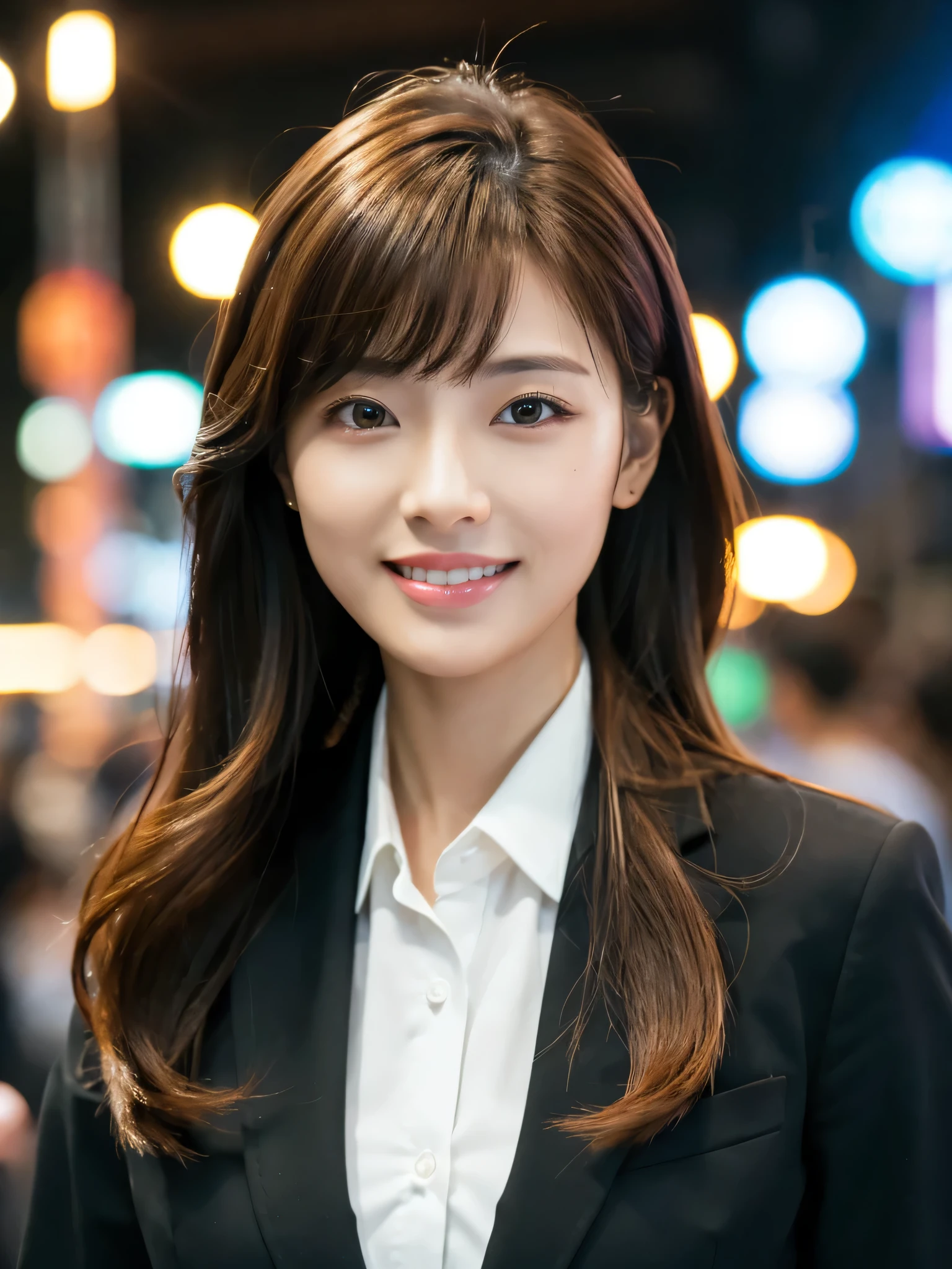 table top、highest quality、genuine、Super detailed、finely、High resolution、8k wallpaper、one beautiful woman、、、light brown disheveled hair、wearing a business suit、sharp focus、perfect dynamic composition、beautiful and detailed eyes、thin hair、Detailed genuine skin texture、smile、close-up portrait、model body shape、In Kyoto at night、