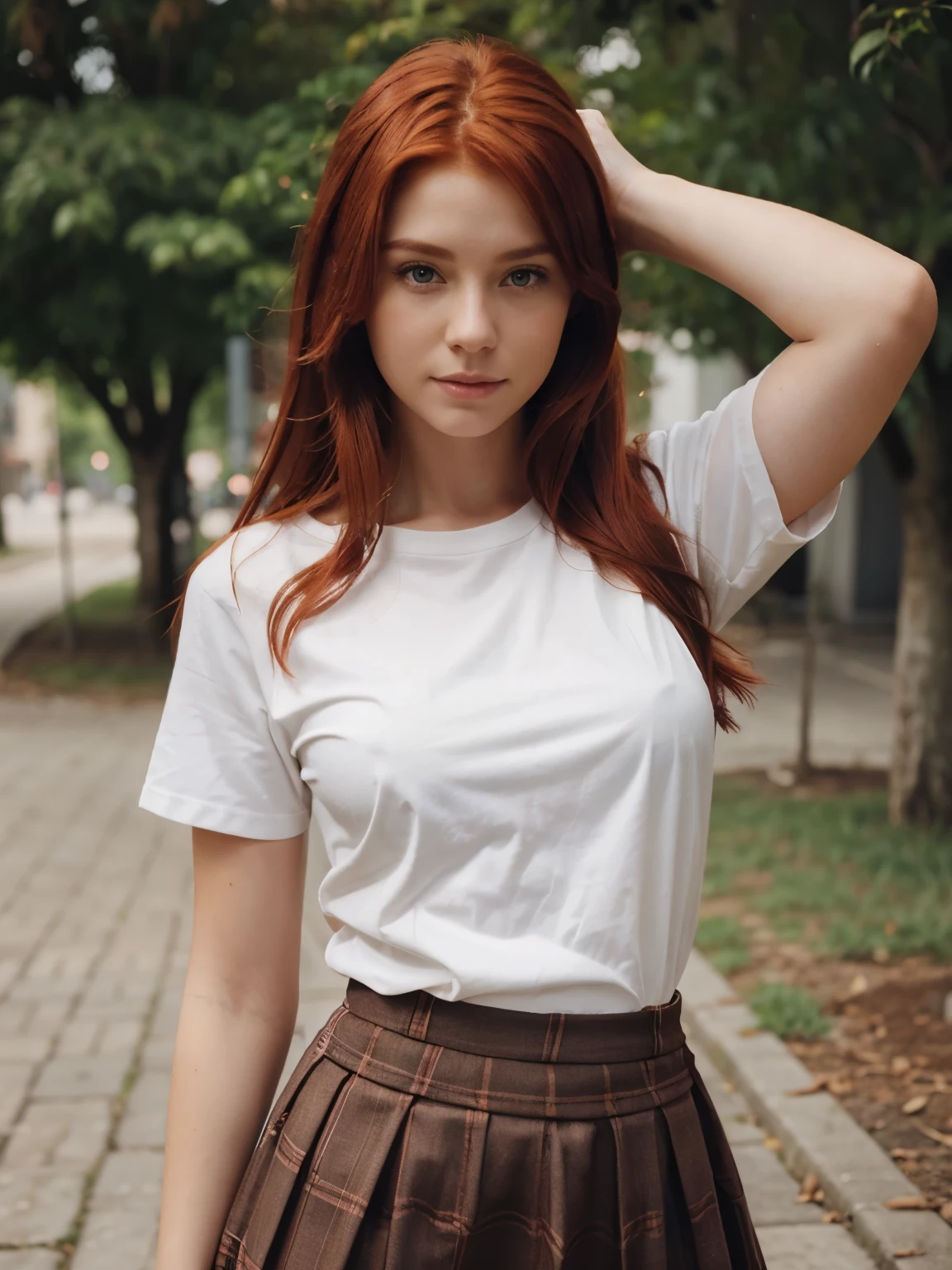 Beautiful redhair girl,real realistic wearing a skirt and a shirt