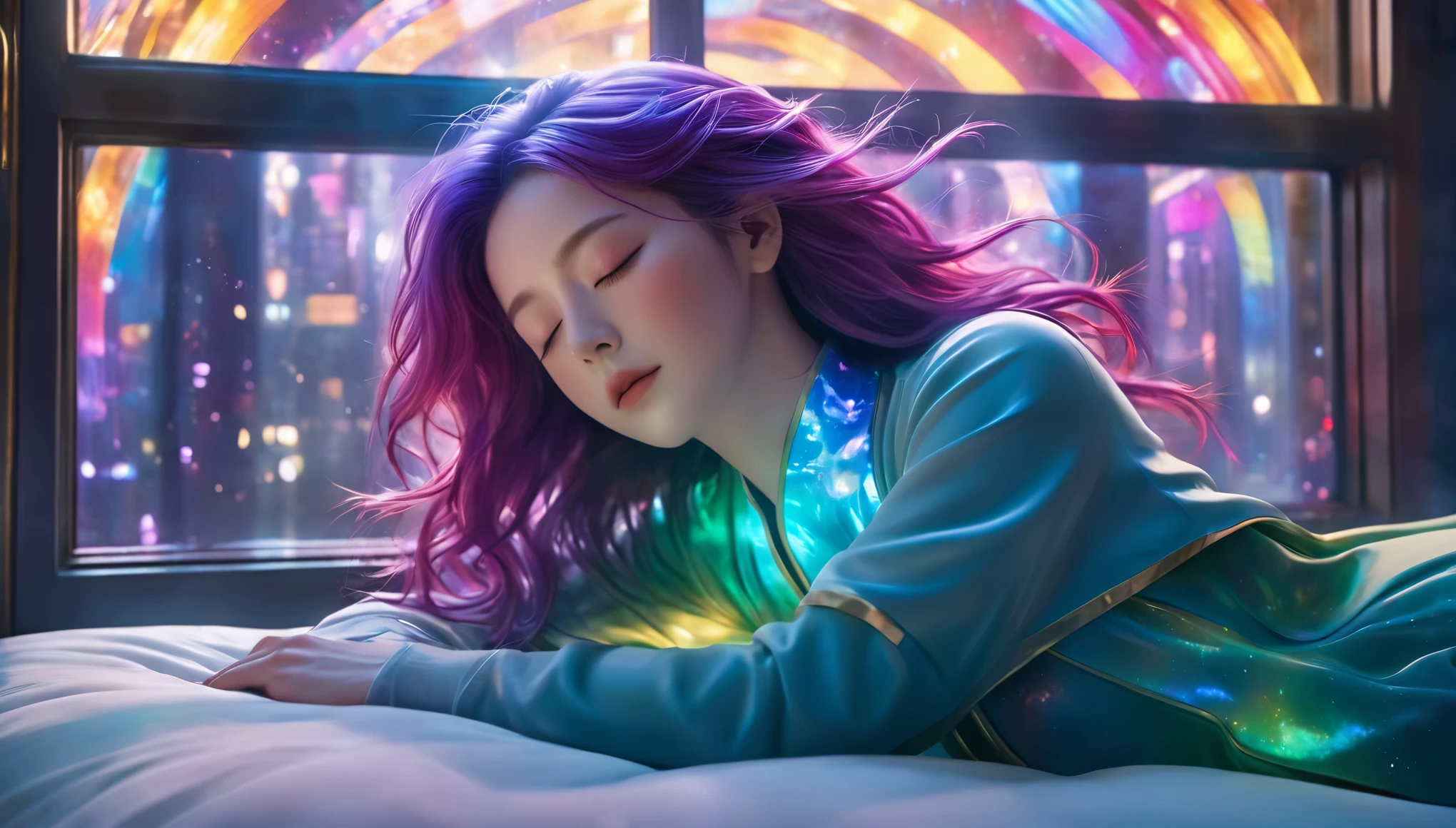 {{masterpiece}}, best quality, Extremely detailed CG unified 8k wallpaper, Movie Lighting,Futurism， A woman sleeping in bed，Sleep with eyes closed，Huge window behind， A quiet night. , Multi-colored hair, (Colorful hair:1.5),