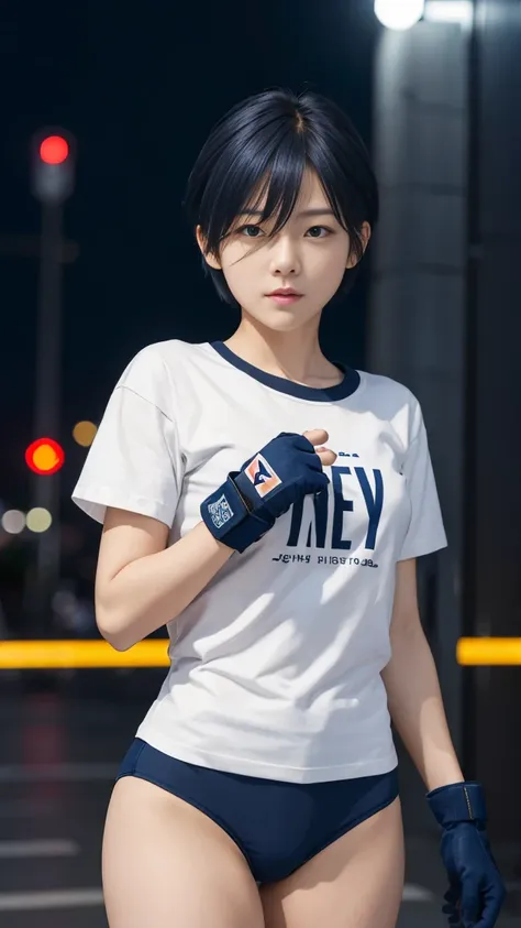 1 female, fighter wearing open finger gloves、navy hair, short hair,  white t-shirt、bib number、navy plain panties, future city at...