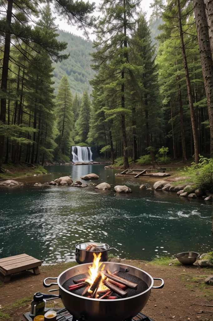 BBQ Camp in the forest next to the lake and waterfall