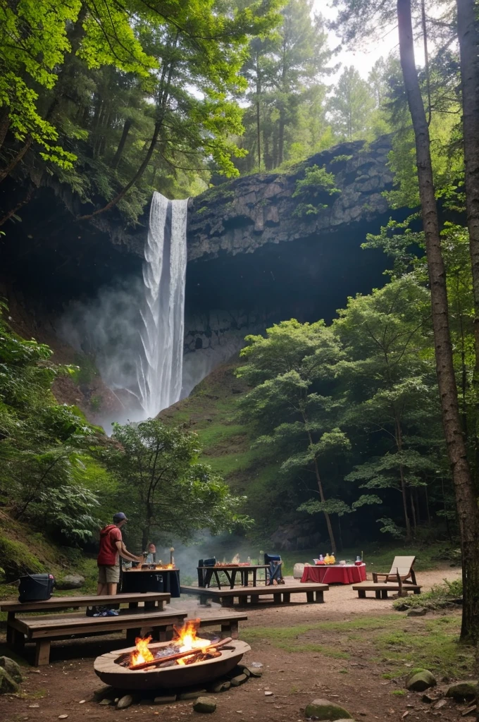 BBQ Camp in the forest next to the lake and waterfall