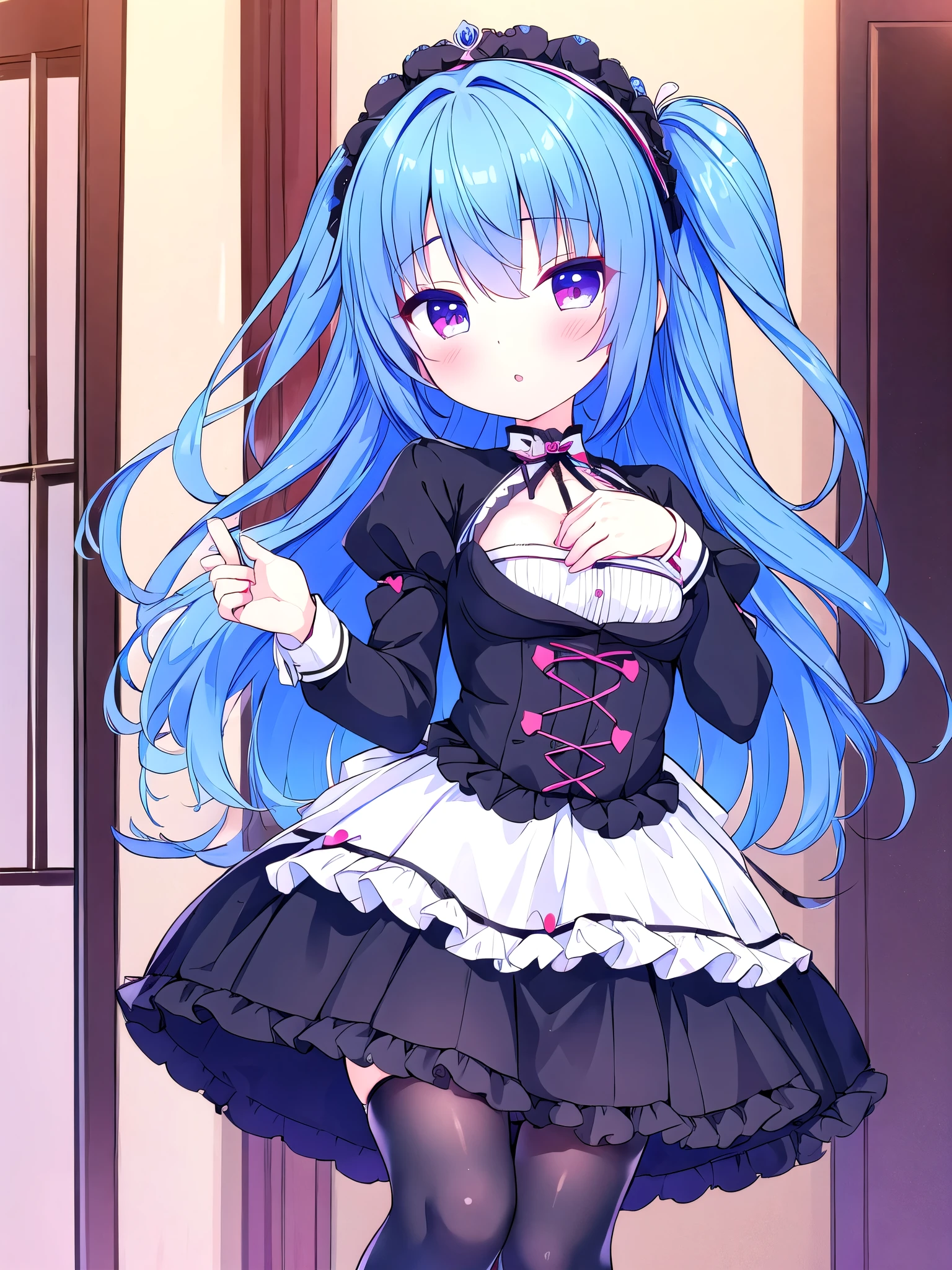 Girl in black white gothic lolita  with stockings blue hair red eyes Short skirt with small breasts show  pink In room Great quality 2k masterpiece 