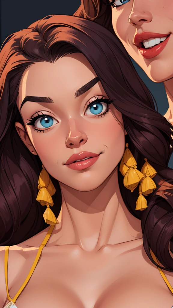 Beautiful portrait mode pose Cartoon character in dynamic pose two women together Jenna Ortega wandinha Adamms om 1,60cm on the left and along with a symmetrical body and beautiful breasts, corpo bem definido, delicado e sensual, estilo de desenho animado, digital illustration Jenna Ortega wandinha Adams Portrait mode 