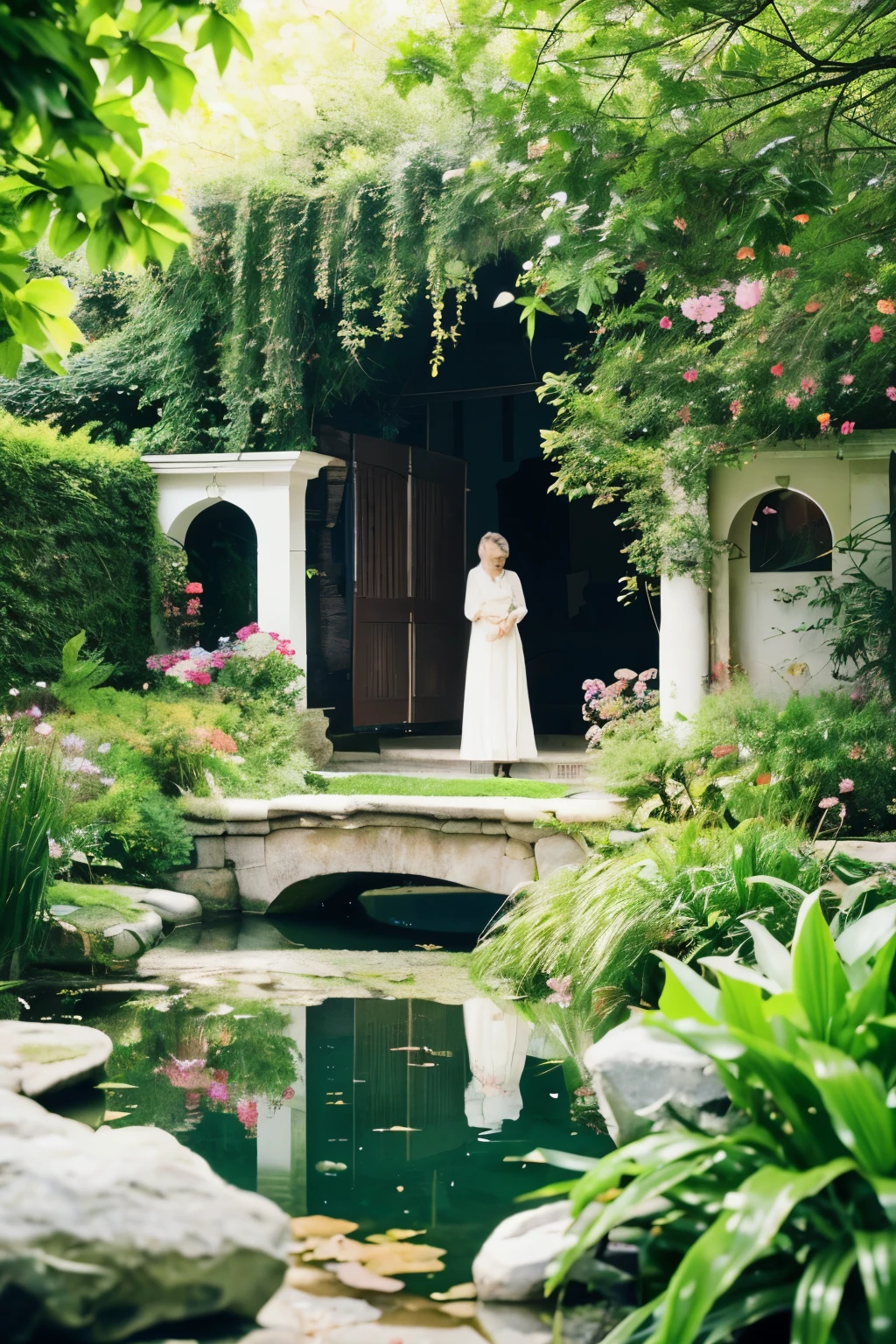 This scene is very fascinating、Girl and white kitten in a beautiful garden, In the distance, You can see the white kitten happily catching butterflies.., The garden is decorated with lush greenery and colorful flowers..、wood々The sunlight filtering through the gaps gives off a warm glow..。The bright butterflies fluttering around the white kitten create a lively atmosphere..。 The white kitten is expressive、The fine fur and unique folded ears add to its charm..。The gardens are beautifully maintained、Neatly trimmed bushes and々Mr.々Various plants are arranged。stream&#39;The crystal clear water reflects the serene surroundings.、Colorful facade of a house seen in the distance々Add a little whimsy to your scene.。 The scene exudes an atmosphere of silence and meditation..、Expressing the world of high fantasy。Guardian nebula of rainbow light and silvery vapor、The colors of the Corrosive Surrounding Ray family fill the sky、There&#39;s a slimy feeling in the air.。Beautiful artwork with a mystical atmosphere.。