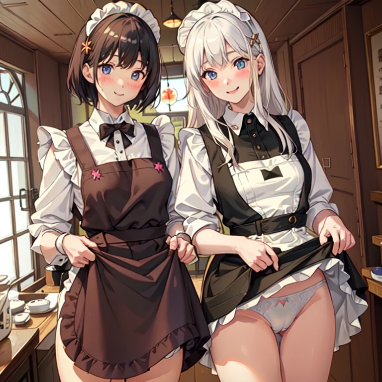 highest quality、masterpiece、((2 girls))、((smile:1.3))、(blush:1.3)、Black Shirt、blouse、((fun!!))、(Small breasts)、()、Blonde、()、((White apron:1.5))、((Maid))、((hair ornaments)),、Kamimei、look at me、 ((in house:1.5))、 Taking a break from watching the audience、Cowboy Shot、(Skirt lift:1.3),(Highly detailed white panties:1.3)、(Highly detailed panties:1.3)、、(スカート that rolls up:1.3)、(Panties fully exposed:1.5)、Light blue eyes、long hair、