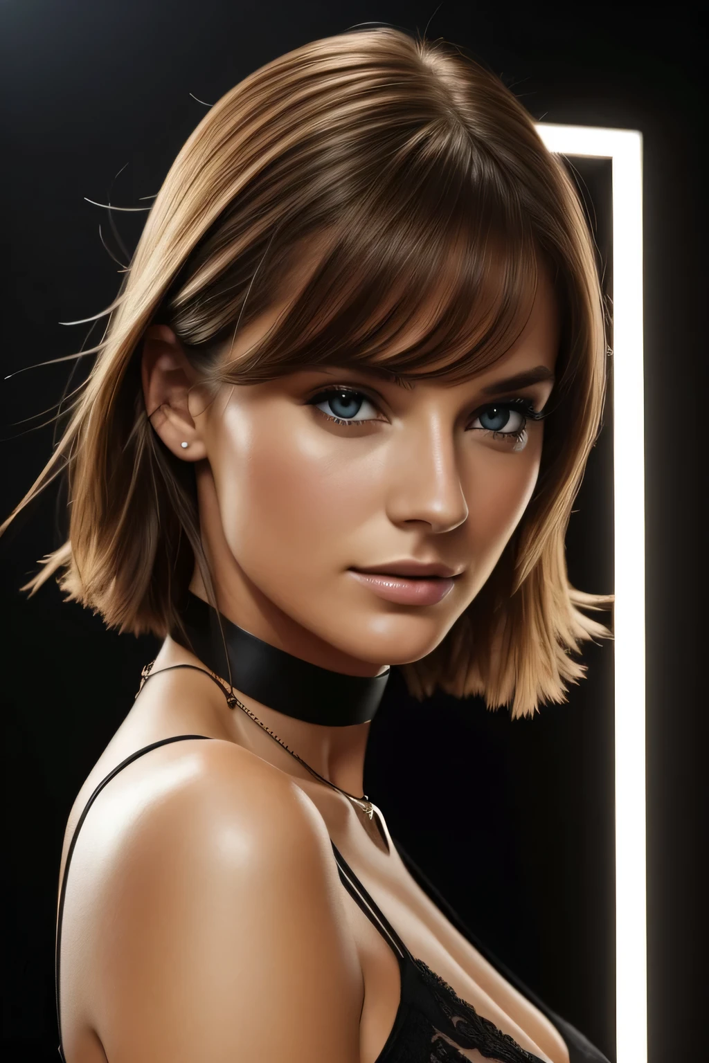 Photo of a beautiful girl, lange braune Haare auf einer Seite, braune augen, normal bust 36C, Blick in die Kamera, Augen symmetrisch, symmetrisches Gesicht, fotorealistisch, Fotografie, Pfadlayout, spiegelnde Beleuchtung, volumetrisches Gesichtslicht, Haarweg, Sichtbare Schatten, Komplex, Durchdacht, sexy, fotorealistisch, portrait, choker, collarbones, crop-top