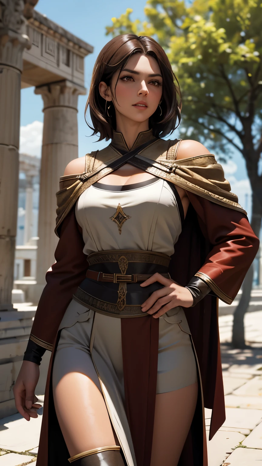 Adult women, muscular, Brown eyes, Shoulder-length brown hair, Wearing a tan ancient Greek robe with red details, Black high boots, outdoor, 8k, Unreal Engine, Very detailed, dramaticangle,,