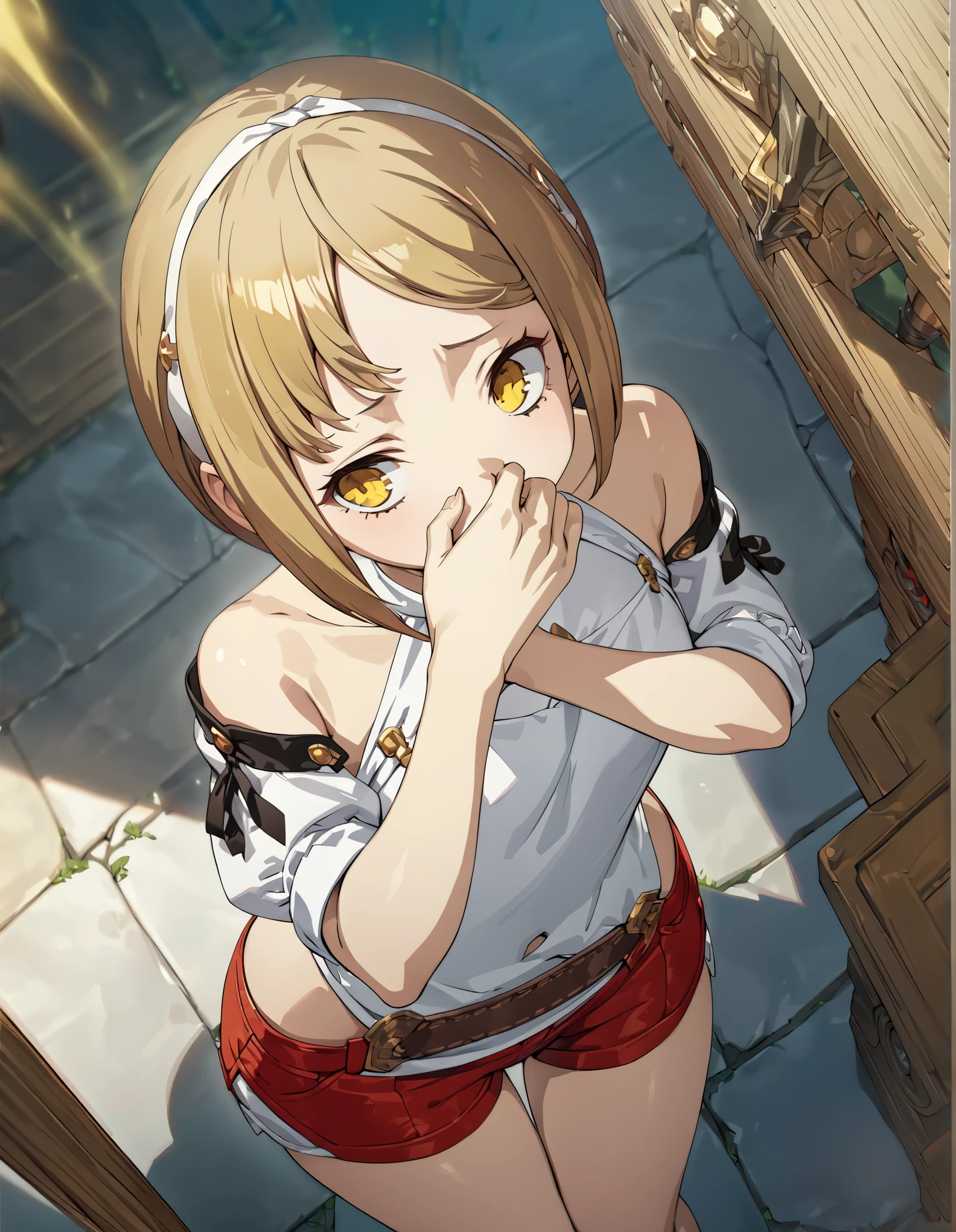 Atelier Ryza, short hair, Reisalin Stout, thigh , red shorts, short shorts, 1girl, masterpiece, best quality, ultra-detailed, perfect composition, intricate details, filled yellow smoke,
(best quality,masterpiece:1.5),absurdres,highres,8k, ultra high res, official art,illustration,extremely detailed, covering mouth with hand,  looking down, {{Head down}}, from above, diagonally view shot, dutch angle, blown eyes ,{{covering mouth with hand}}