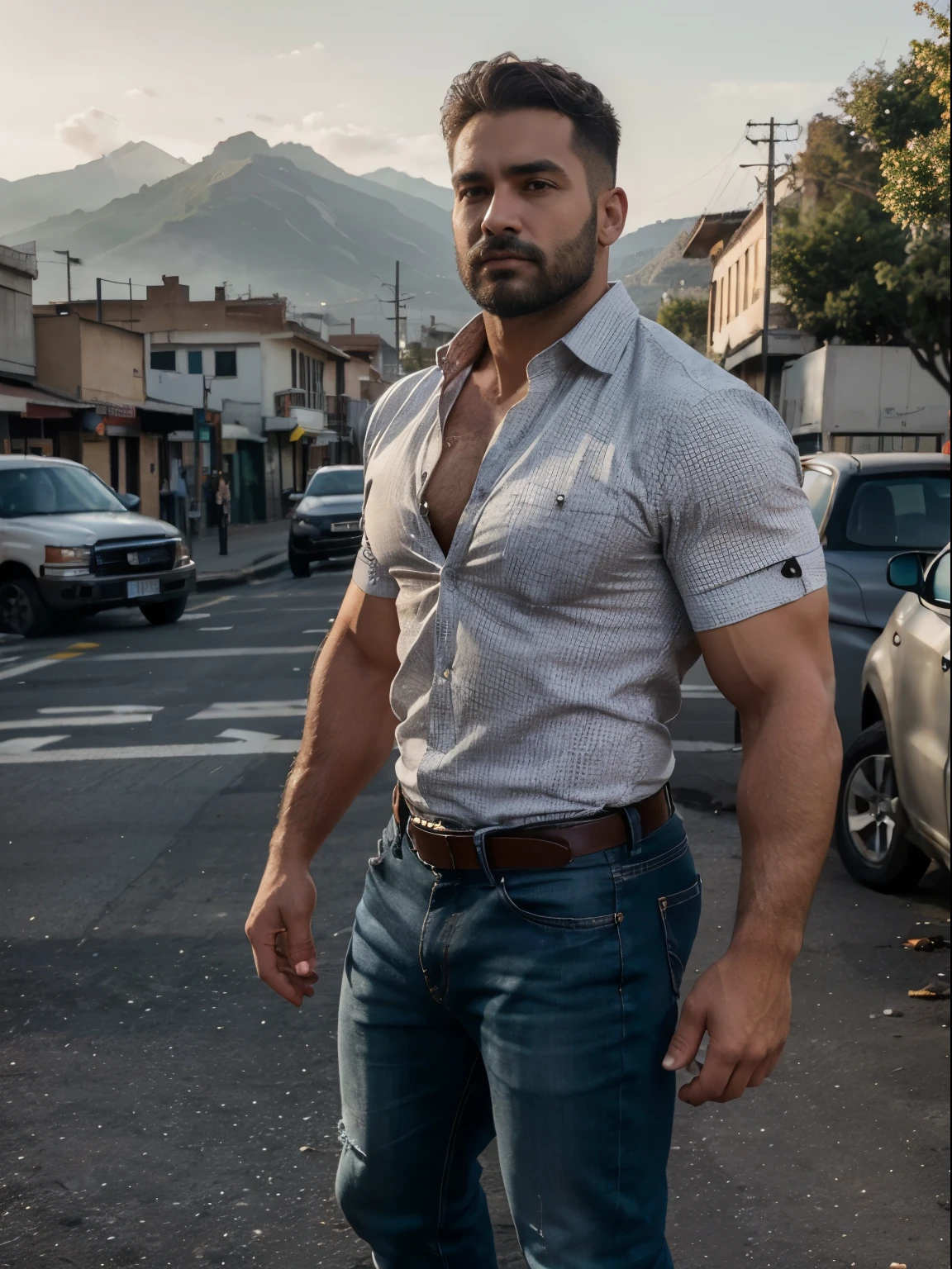 obra maestra, Mejor calidad, high resolution, Retrato de primer plano, (1 chico:1.4) A man in a lumberjack suit (cuadros blancos y negros), muscular, (con camisa: 1.2) enfoque masculino, enfocarse solo, piel bronceada, 38-year old man,  muscular, fuerte, peludo, Masculino, (descamisado: 1.2), in the background a mountain of garbage, in a city with a lot of traffic and pollution, amazing composition, Vista frontal, HDR, volumetric lighting, (plano general, desde el frente:1.2) (GS-Macho :1.5) (magnificent landscape:1.2) full body jeans backside 