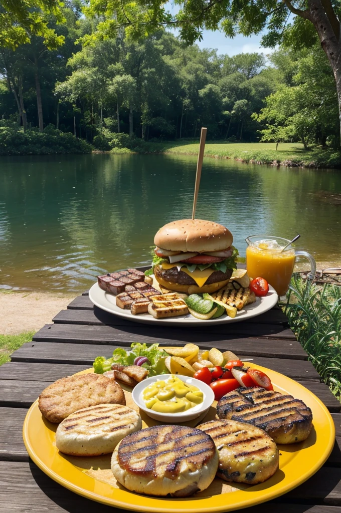 (best quality,4k,8k,highres,masterpiece:1.2),ultra-detailed,(realistic,photorealistic,photo-realistic:1.37),outdoor cooking,hamburger,meats,fruit,delicious,deliciously grilled,freshly picked,juicy,humbuger meats,grilled to perfection,appetizing,irresistible,next to lake,sitting by the lake,beautiful lake view,glistening water,tranquil atmosphere,serene environment,lush greenery,summer vibes,sunshine filtering through trees,relaxing picnic,lakeside barbecue,happy gathering,joyful laughter,delicious aroma filling the air,smoke rising from the grill,tantalizing sizzling sounds,succulent burger patties,grilled sausages,seasoned meat skewers,colorful fruit platter,freshly squeezed fruit juices,sizzling burgers on the grill,juicy steaks being flipped,grilled vegetables,delicate grilling marks on the meat,perfectly charred edges,crispy bacon,cheese melting over the patties,mouthwatering condiments,variety of sauces and toppings,perfectly toasted buns,tempting food presentation,enticing colors and textures,people enjoying their meals,smiling faces and satisfied expressions,laughter echoing in the air,enjoying the nature and delicious food together.