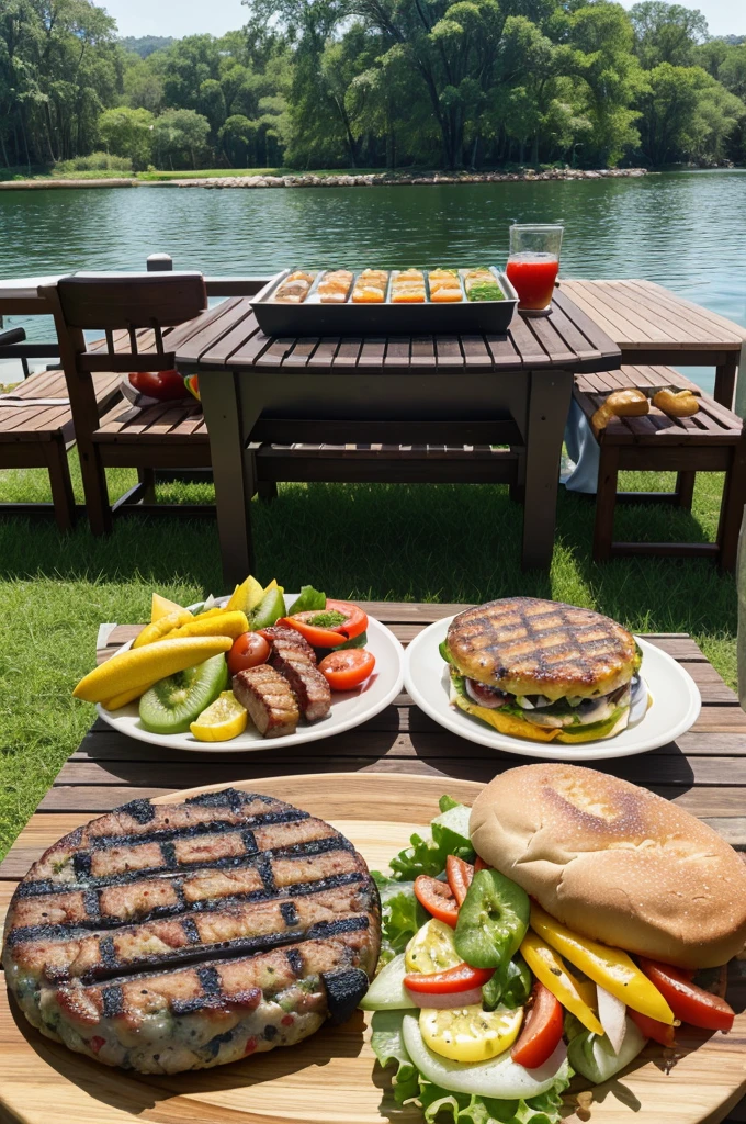 (best quality,4k,8k,highres,masterpiece:1.2),ultra-detailed,(realistic,photorealistic,photo-realistic:1.37),outdoor cooking,hamburger,meats,fruit,delicious,deliciously grilled,freshly picked,juicy,humbuger meats,grilled to perfection,appetizing,irresistible,next to lake,sitting by the lake,beautiful lake view,glistening water,tranquil atmosphere,serene environment,lush greenery,summer vibes,sunshine filtering through trees,relaxing picnic,lakeside barbecue,happy gathering,joyful laughter,delicious aroma filling the air,smoke rising from the grill,tantalizing sizzling sounds,succulent burger patties,grilled sausages,seasoned meat skewers,colorful fruit platter,freshly squeezed fruit juices,sizzling burgers on the grill,juicy steaks being flipped,grilled vegetables,delicate grilling marks on the meat,perfectly charred edges,crispy bacon,cheese melting over the patties,mouthwatering condiments,variety of sauces and toppings,perfectly toasted buns,tempting food presentation,enticing colors and textures,people enjoying their meals,smiling faces and satisfied expressions,laughter echoing in the air,enjoying the nature and delicious food together.