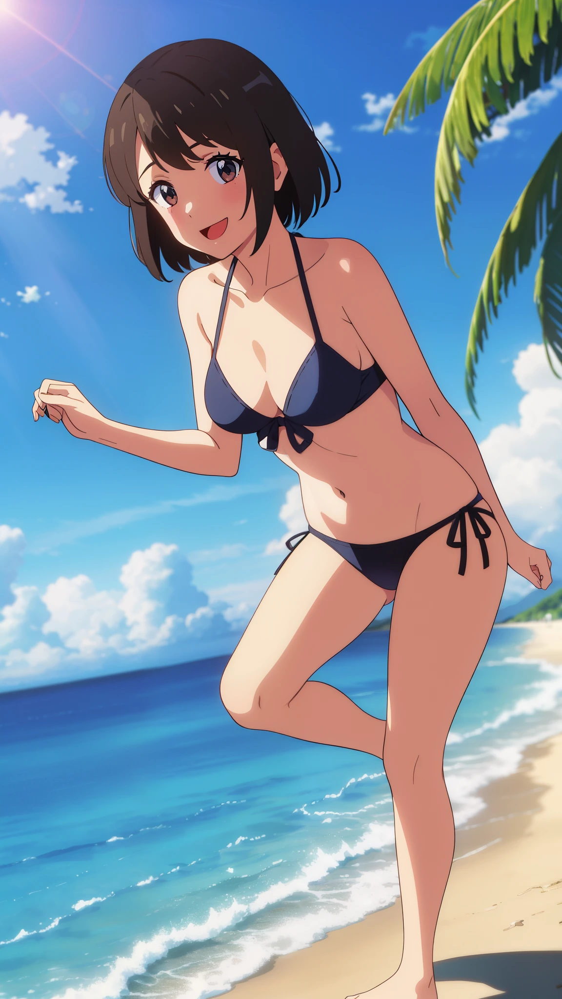 shinkai makoto, kimi no na wa., 1girl, miyamizu_mitsuha, bangs, black hair, brown eyes, headband, red headband, swimsuit, bikini, short hair, smile, solo, muse, open mouth, blush, looking at the viewer, blue sky, beach, sand, ocean, palm, island, sun rays, splash, shadow, happy, cloud, sunrise