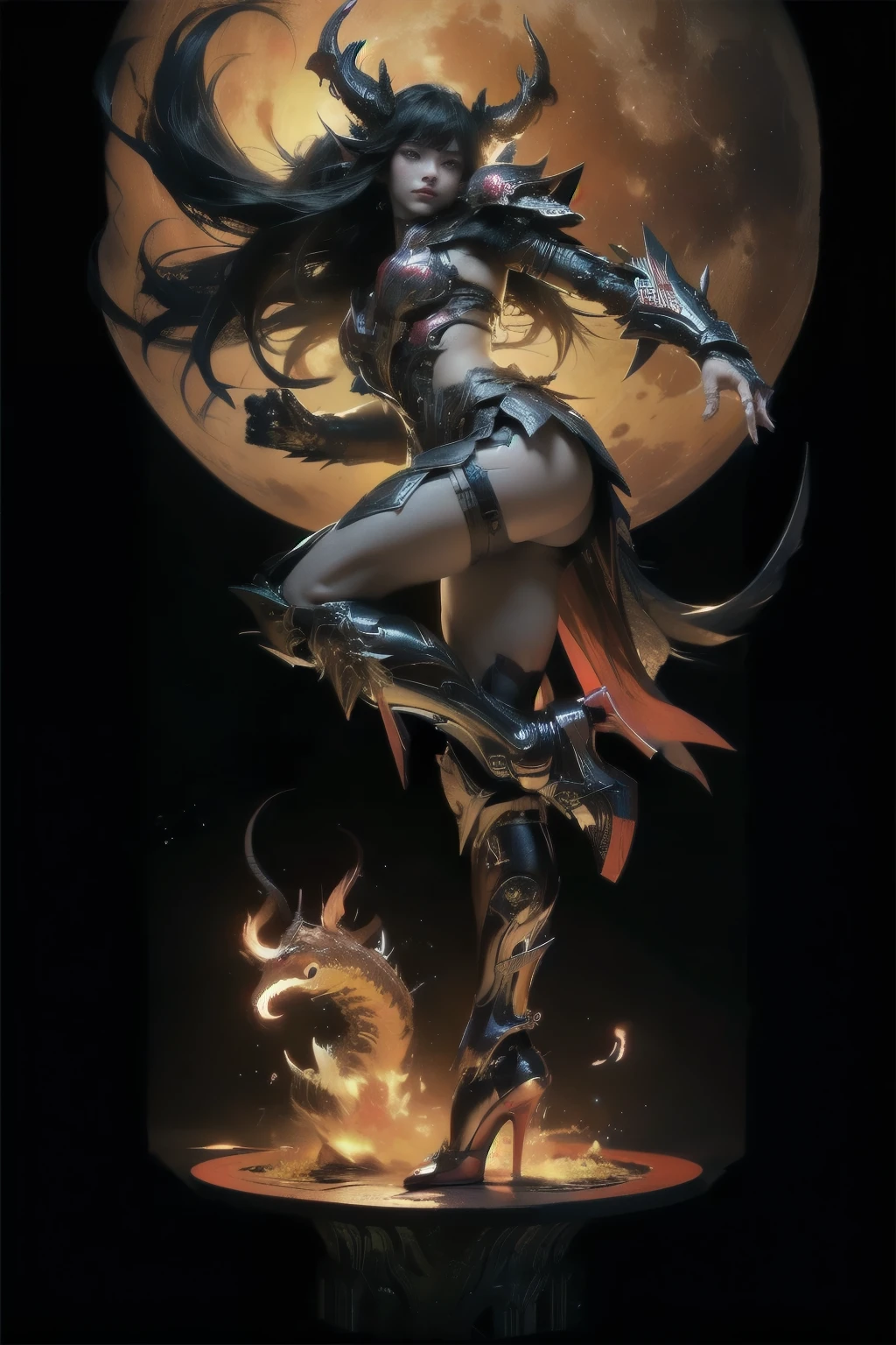 (Model pose, K-POPアイドル), cyborg少女、Horned devil with bright red wings falling from the sky, (RAW Photos), beautiful効果, Vibrant colors, The body is made of dragon scales, Ryujin's、Ray Tracing, Tabletop, highest quality, super high quality, 不条理なdetailed, (The best light), (Best Shadow), sharp, Clear images, detailed, 非常にdetailed, High resolution, 8k, 4K, Hmph, Volumetric, detailed black armor, (Particle Effects), Creative images with machine edited backgrounds、Our bodies are made of machines、Our bodies are made of machines、beautiful, very detailed porcelain woman in profile、cyborg、Robot parts、150mm、beautifulスタジオの柔らかな光、Rim Light、鮮明なdetailed、Gorgeous Cyberpunk、Ren Hao、Surreal、Anatomical、NSFW Girl、cable, wire, Microchip、elegant、beautiful背景、Big Red Full Moon、AI-generated paintings by Sea Art、It depicts a fascinating image of yin and yang.., (highest quality, Exquisite design, The The best lighting, Better shading).High heels、Angle from below the knee、anklet、Red background on red moon background、Red eyes、The flame that Burns everything、disaster々Burn、disaster々Emit an aura、