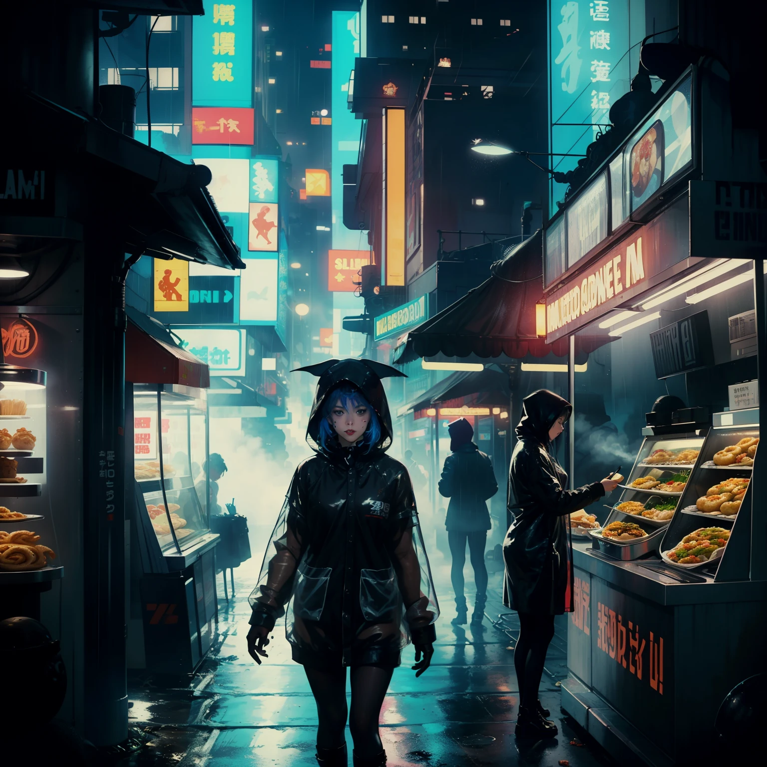 ((highest quality)), ((masterpiece)), (be familiar with), (High definition), (Accurate), (Realistic), (Cinematic), (Best Shadow), (Low contrast), (8K), Perfect Face, ((SYD MEAD style)), manga、mangaデザイン、Storyboard、Frame division、((A female Replicant eating a udon))、((Replicant, Black Hair, very short hair, Blue Eyes)), (Black hooded raincoat)、((Udonya food stall))、Glittering neon signs、congestion, congestion, Decadent Future City, NEO TOKYO, A.D.2051, (steam:1.2), It's raining white, evening, (Close-up of face)