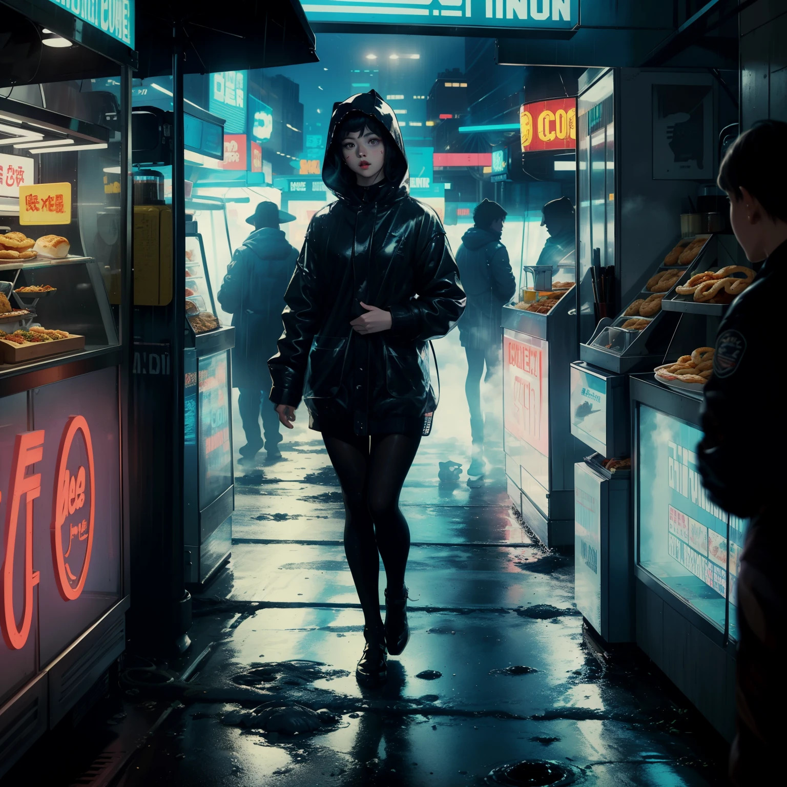 ((highest quality)), ((masterpiece)), (be familiar with), (High definition), (Accurate), (Realistic), (Cinematic), (Best Shadow), (Low contrast), (8K), Perfect Face, ((SYD MEAD style)), manga、mangaデザイン、Storyboard、Frame division、((A female Replicant eating a udon))、((Replicant, Black Hair, very short hair, Blue Eyes)), (Black hooded raincoat)、((Udonya food stall))、Glittering neon signs、congestion, congestion, Decadent Future City, NEO TOKYO, A.D.2051, (steam:1.2), It's raining white, evening, (Close-up of face)