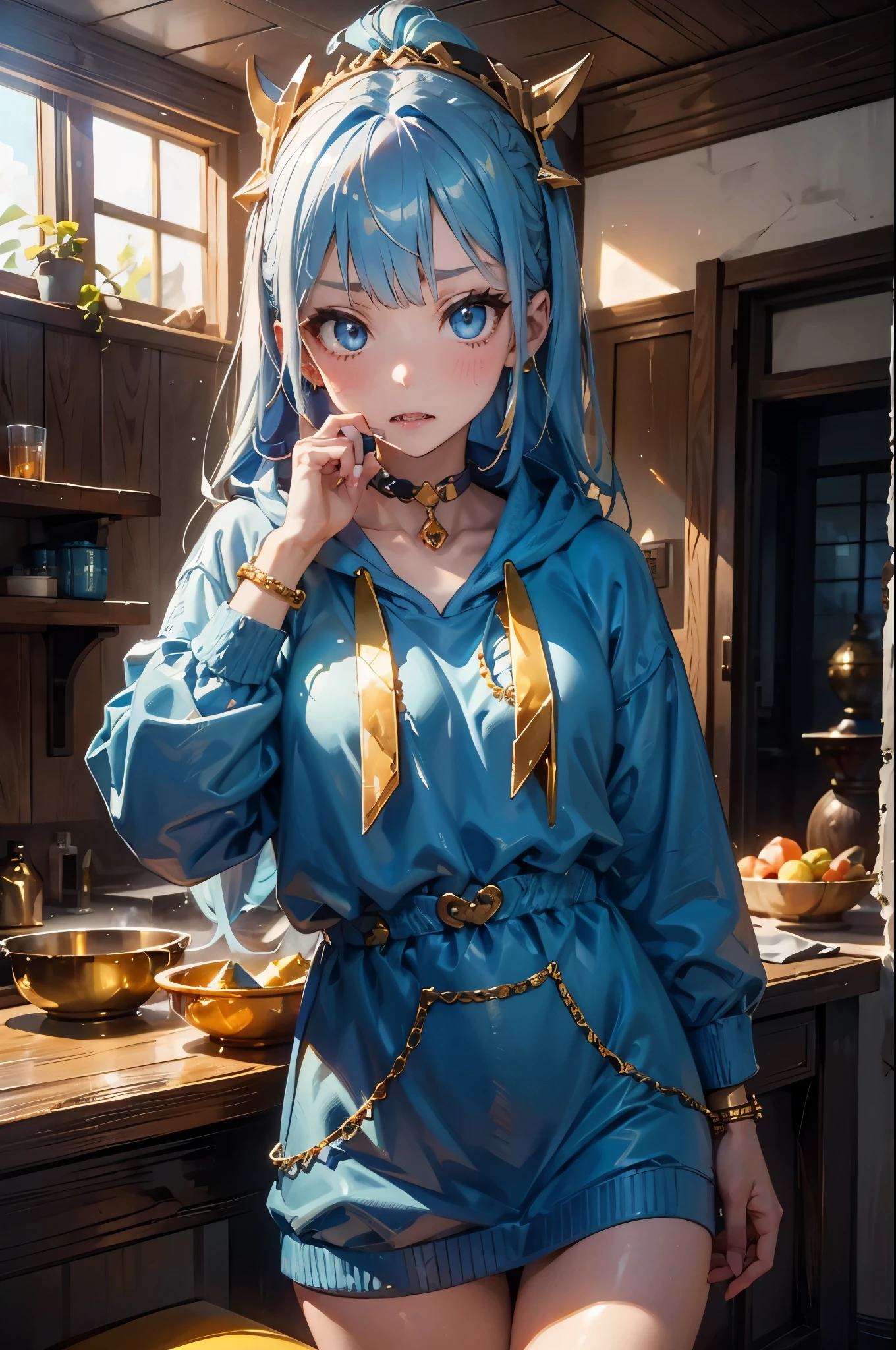 (On the table, best quality), Intricate details,, 1 Girl, Mouth, Colorful hair, blue eyes, shark hair accessories, Gold hair accessories, Gold choker, Gold Bracelet, Sharp Teeth, 咧Mouth笑, blue hoodie,, Greek clothing, Peplos,