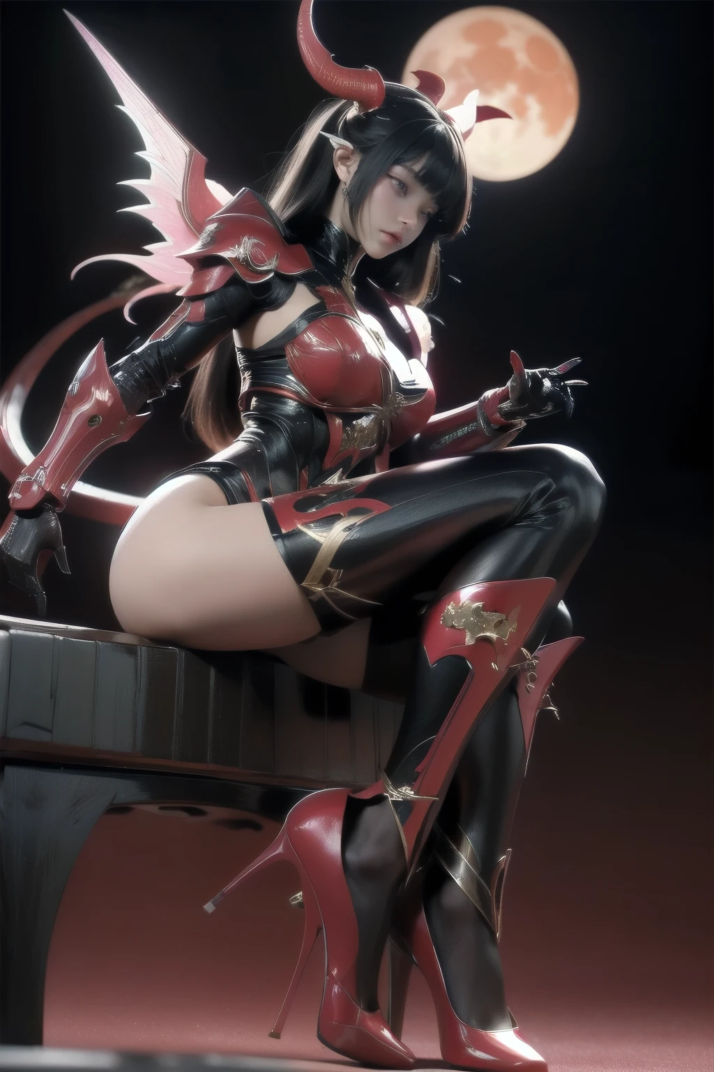 (Model pose, K-POPアイドル), cyborg少女、Horned devil with bright red wings falling from the sky, (RAW Photos), beautiful効果, Vibrant colors, The body is made of dragon scales, Ryujin's、Ray Tracing, Tabletop, highest quality, super high quality, 不条理なdetailed, (The best light), (Best Shadow), sharp, Clear images, detailed, 非常にdetailed, High resolution, 8k, 4K, Hmph, Volumetric, detailed black armor, (Particle Effects), Creative images with machine edited backgrounds、Our bodies are made of machines、Our bodies are made of machines、beautiful, very detailed porcelain woman in profile、cyborg、Robot parts、150mm、beautifulスタジオの柔らかな光、Rim Light、鮮明なdetailed、Gorgeous Cyberpunk、Ren Hao、Surreal、Anatomical、NSFW Girl、cable, wire, Microchip、elegant、beautiful背景、Big Red Full Moon、AI-generated paintings by Sea Art、It depicts a fascinating image of yin and yang.., (highest quality, Exquisite design, The The best lighting, Better shading).High heels、Angle from below the knee、anklet、Red background on red moon background、Red eyes、The flame that Burns everything、disaster々Burn、disaster々Emit an aura、