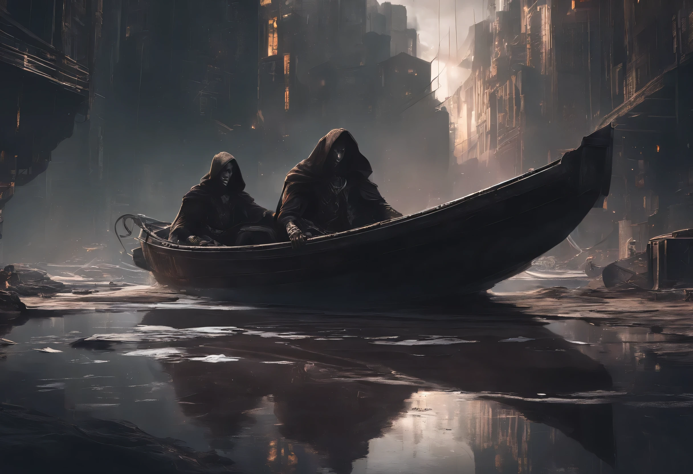Two human with cloak floating in dirty boat, dark city background, cinematic angle, realistic texture, correct anatomy, perfect body shape, dynamic highlight and shadow, ultra detailling, 32K