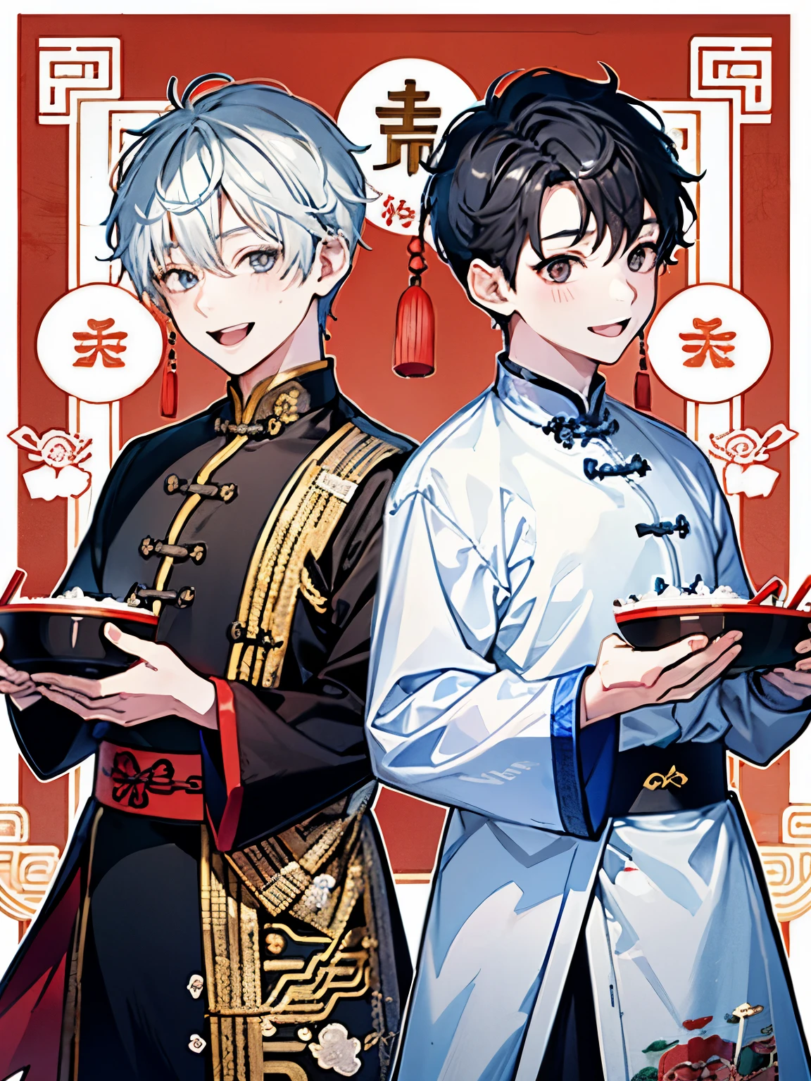 ((Two Boys)),Kaminarimon pattern background,(Chinese cuisine),(During meals),smile,looks fun,