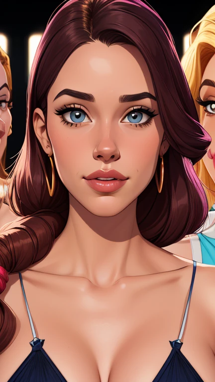 Beautiful portrait mode pose Cartoon character in dynamic pose two women together Jenna Ortega wandinha Adamms om 1,60cm on the left and together with a symmetrical body and beautiful breasts, corpo bem definido, delicado e sensual, estilo de desenho animado, digital illustration Jenna Ortega Wandinha Adams Portrait Mode