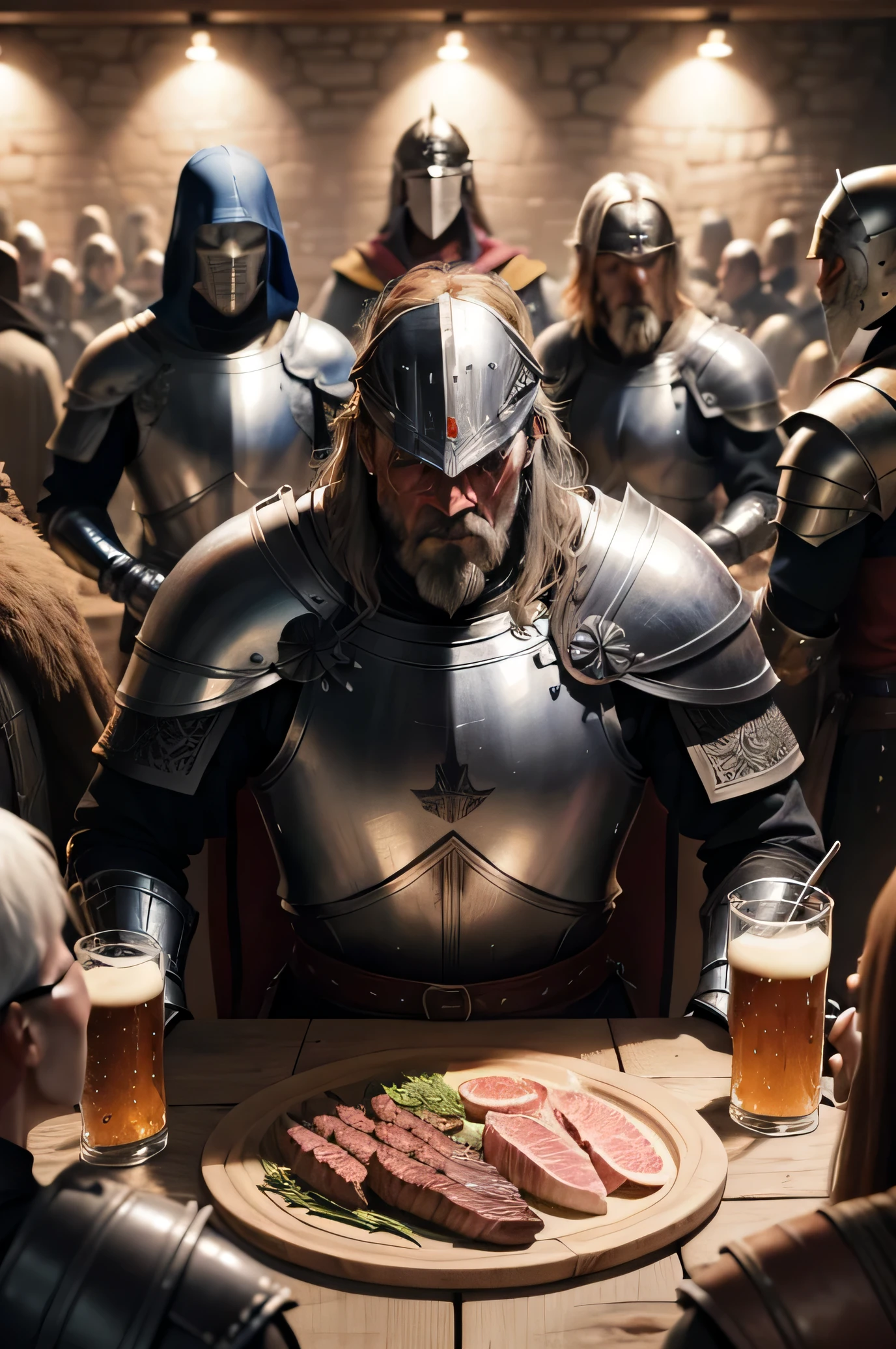 Realistic in Ultra HD,several knights in a battle mask, wrinkles ,Facial expressions show strong emotions Knights of the Round Table with beer and meat vodka