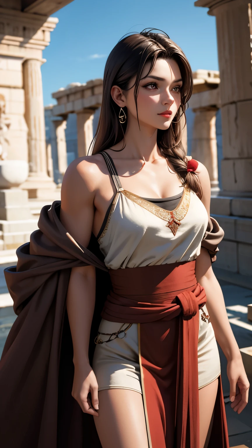 Adult women, muscular, Brown eyes, Shoulder-length brown hair, Wearing a tan ancient Greek robe with red details, Black high boots, outdoor, 8k, Unreal Engine, Very detailed, dramaticangle,,