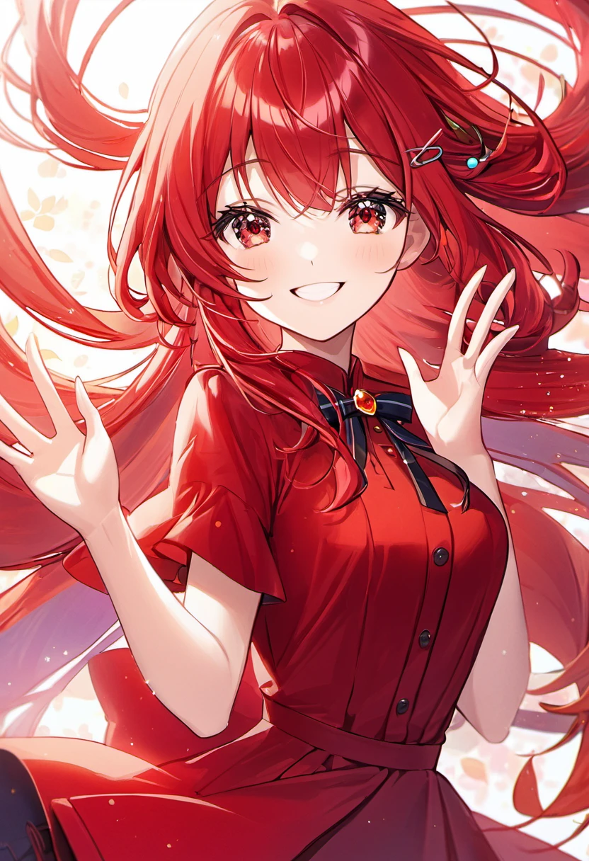 Beautiful girl, long red hair, red eyes, wearing beautiful red clothes, smiling gently and waving her hand, Wearing beautiful hair clips