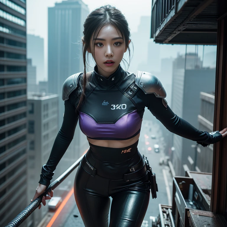 (best quality,4k,8k,highres,masterpiece:1.2),ultra-detailed,(realistic,photorealistic,photo-realistic:1.37),cyberpunk,a female samurai,erotic,night,neon lights,techno cityscape,dark and mysterious,glowing tattoos,shiny metallic armor,exaggerated details,futuristic clothing,sleek katana blade,purple and blue color scheme,dramatic lighting,rainy weather,dystopian atmosphere,high-rise buildings,hovering hovercars,reflective surfaces,rebellious attitude,provocative pose,electric energy effects,gritty urban environment,smoke and steam,anime-inspired style,intense action scene,androids with human-like features,outstanding physique,expressive eyes,graceful movements, COMG3O