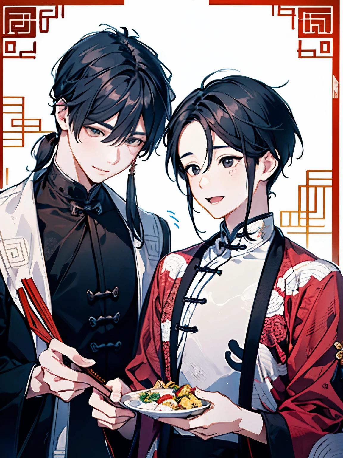 ((Two Boys)),Kaminarimon pattern background,(Chinese cuisine),(During meals),smile,looks fun,Black Hair,(Long side ponytail:1.3)